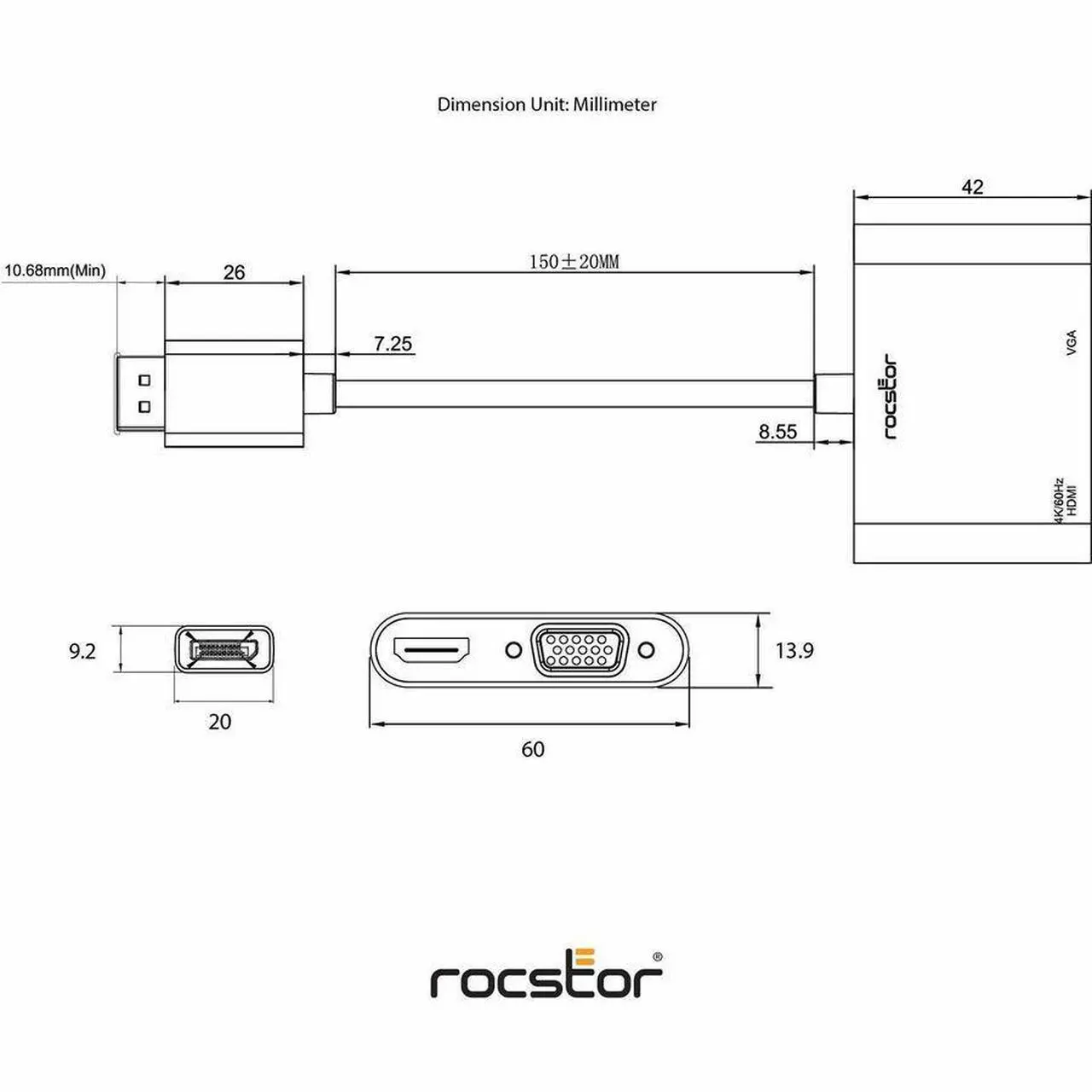 Alt view image 4 of 7 - Rocstor DisplayPort 1.2 to HDMI & VGA Multiport Active Video Adapter – 4K/60Hz – Black