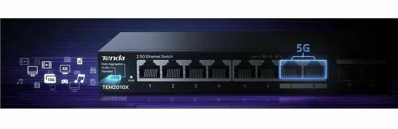 Alt view image 8 of 16 - Tenda Tem2010X  8 Port 2.5G Ethernet Switch Support Vlan & Static Link Aggregation  Unmanaged 2.5Gb Switch With 8 X 2.5G Ports & 2 X 10Gb Sfp Slots  80Gbps Switching Capacity  Fanless Metal Design