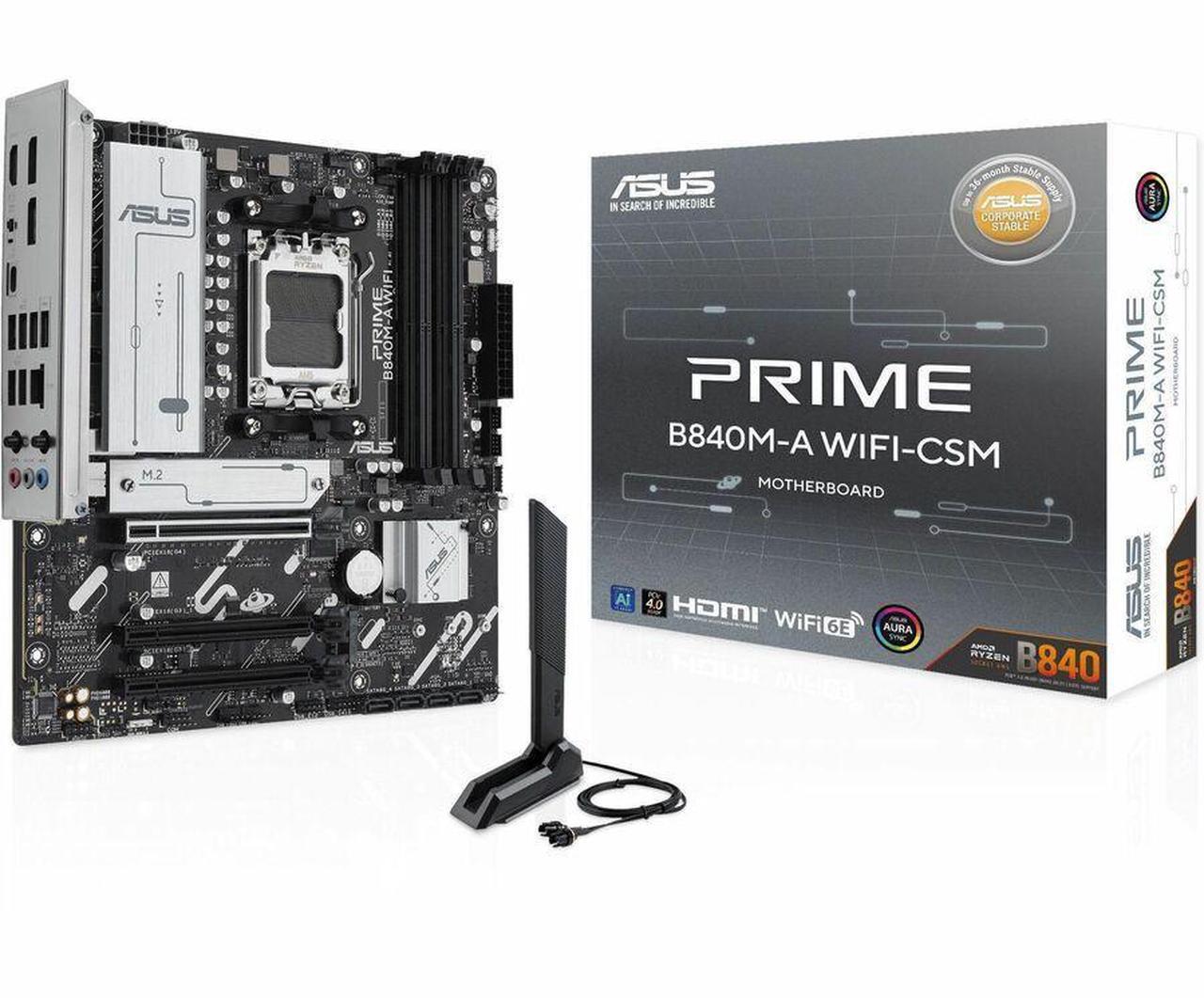Alt view image 4 of 15 - ASUS PRIME B840M-A WIFI-CSM AMD AM5 B840 mATX motherboard, Advanced AI Ready, DDR5, PCIe 4.0 Ready, three M.2 slots, Wi-Fi 6E, 2.5Gb LAN, DisplayPort, HDMI, USB 5Gbps Type-C, BIOS FlashBack, Aura