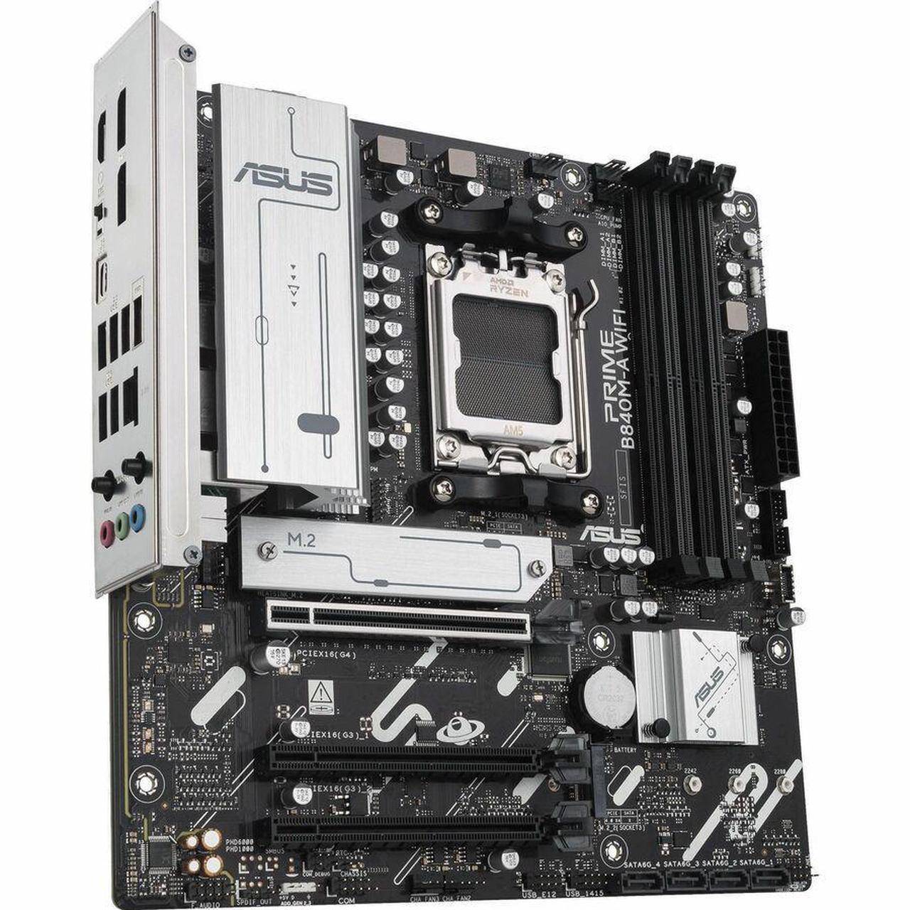 Alt view image 2 of 15 - ASUS PRIME B840M-A WIFI-CSM AMD AM5 B840 mATX motherboard, Advanced AI Ready, DDR5, PCIe 4.0 Ready, three M.2 slots, Wi-Fi 6E, 2.5Gb LAN, DisplayPort, HDMI, USB 5Gbps Type-C, BIOS FlashBack, Aura