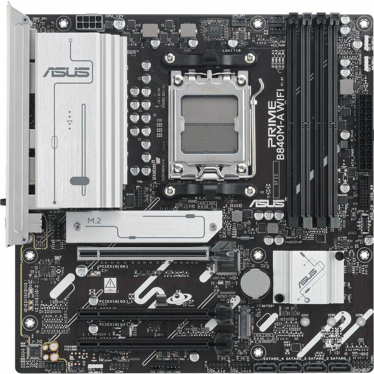 Alt view image 6 of 15 - ASUS PRIME B840M-A WIFI-CSM AMD AM5 B840 mATX motherboard, Advanced AI Ready, DDR5, PCIe 4.0 Ready, three M.2 slots, Wi-Fi 6E, 2.5Gb LAN, DisplayPort, HDMI, USB 5Gbps Type-C, BIOS FlashBack, Aura
