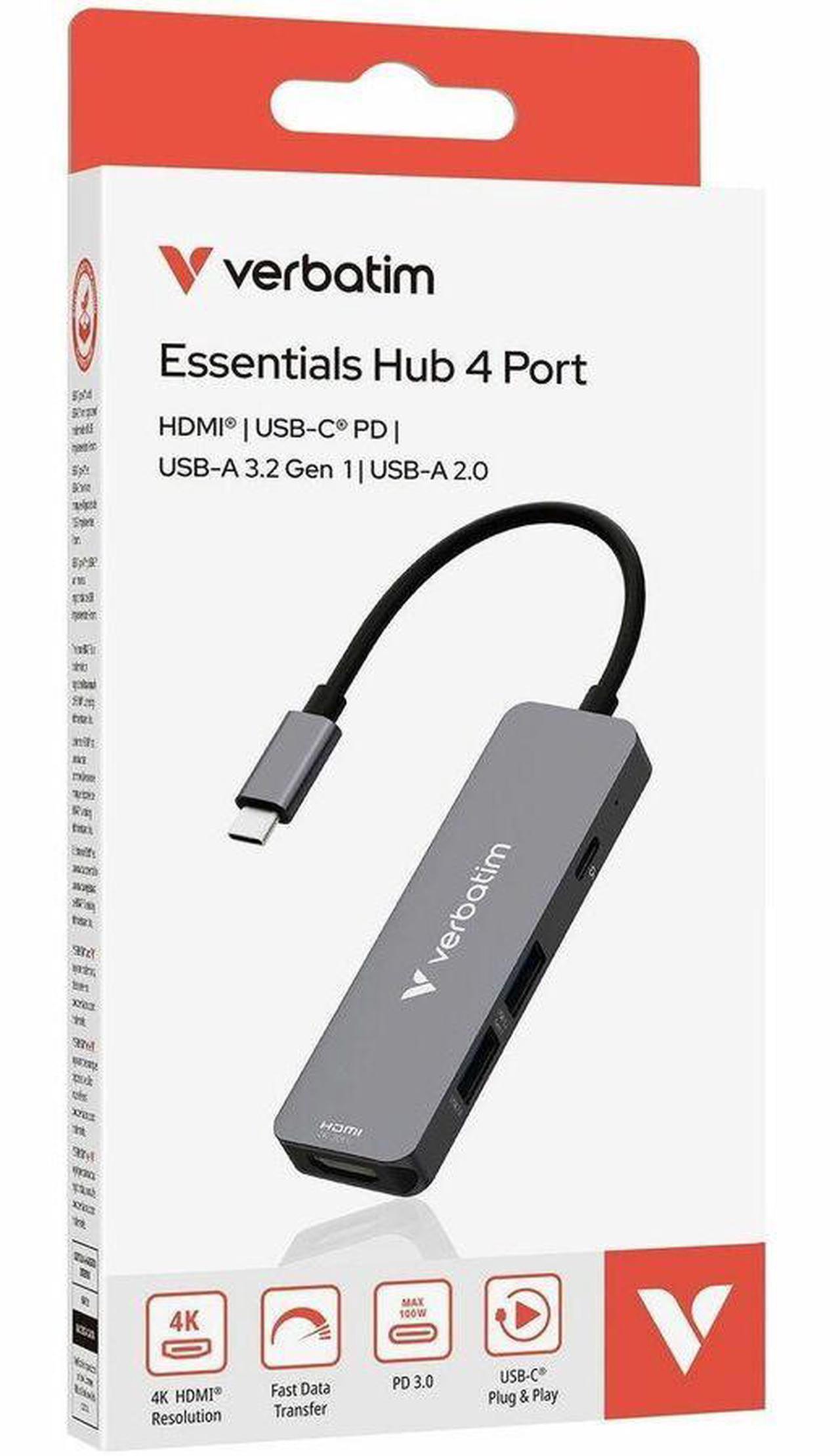 Alt view image 3 of 11 - Verbatim USB-C Essentials Multiport Hub - 4 Ports - Charging Capability - USB Type C - 4K @30Hz - 3840 x 2160 - 3 x USB Ports - 2 x USB Type-A Ports - USB Type-A - 1 x USB Type-C Ports - USB Type-C -