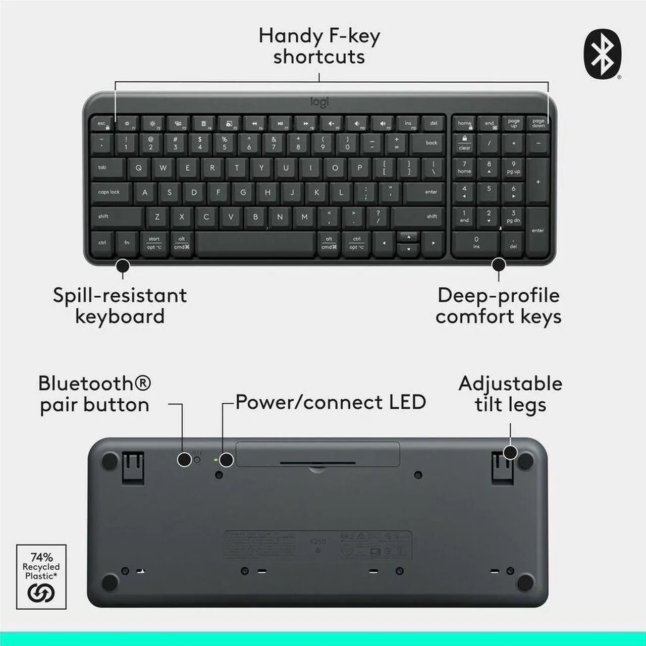 Alt view image 9 of 14 - Logitech K250 Bluetooth Keyboard with Numpad Easy Connectivity Compact Wireless Keyboard made with Recycled Plastic Spill-Resistant comfortable Keys Graphite 920013442
