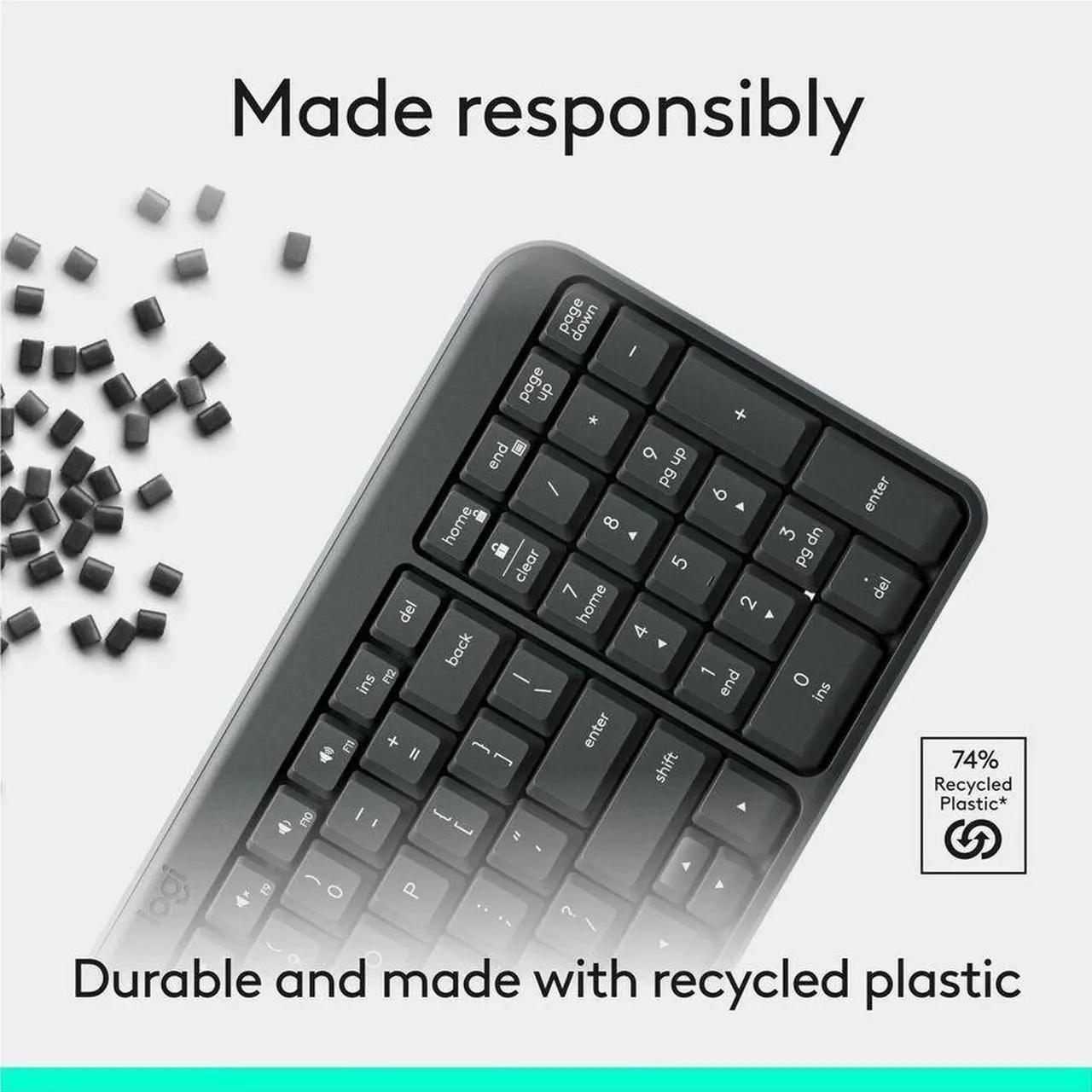 Alt view image 10 of 14 - Logitech K250 Bluetooth Keyboard with Numpad Easy Connectivity Compact Wireless Keyboard made with Recycled Plastic Spill-Resistant comfortable Keys Graphite 920013442