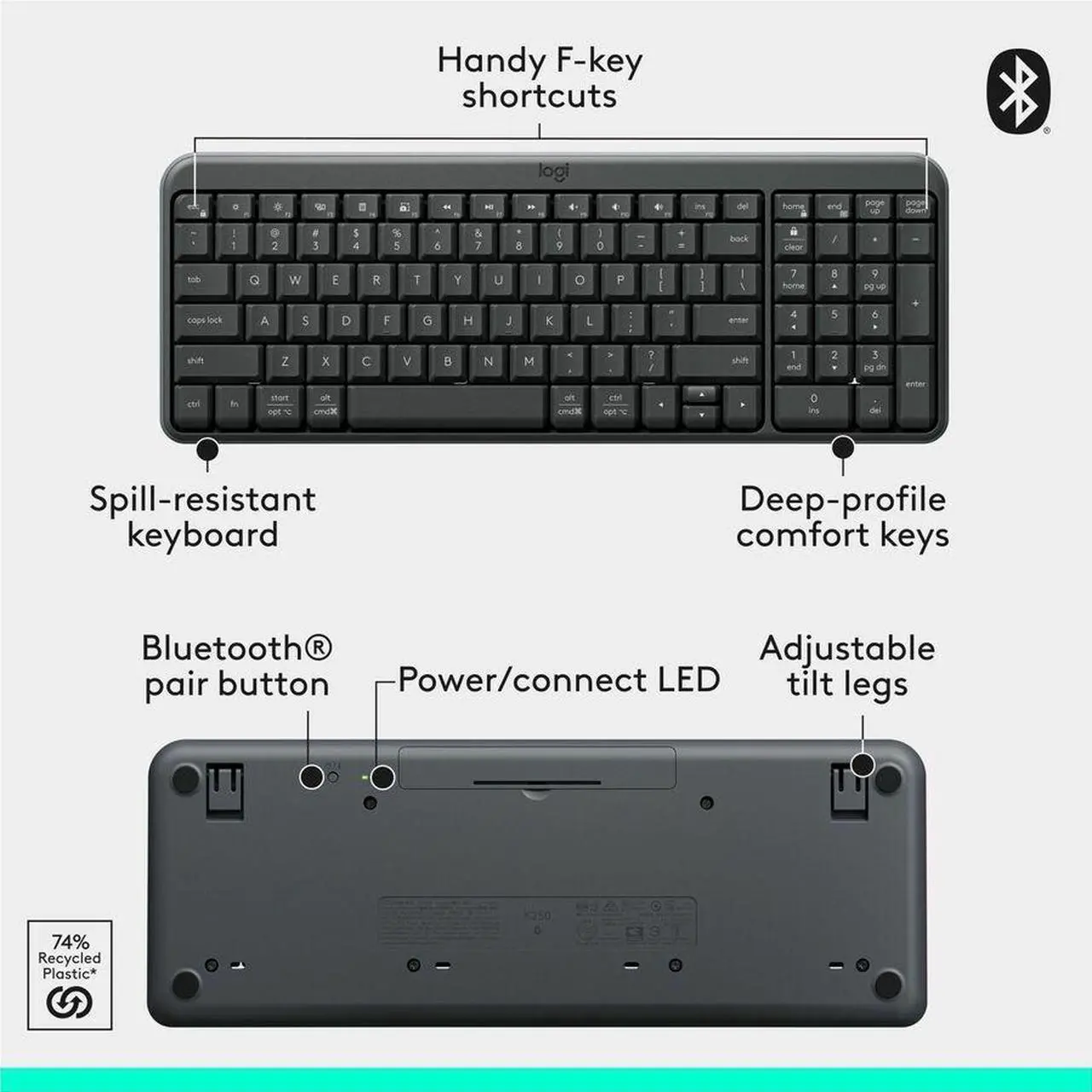Alt view image 7 of 14 - Logitech MK250 Bluetooth Wireless Mouse and Keyboard Combo: Fast & Easy Connectivity, Compact Wireless Keyboard, Ambidextrous Mouse (Graphite) - Wireless Bluetooth Keyboard - Graphite - Wireless B