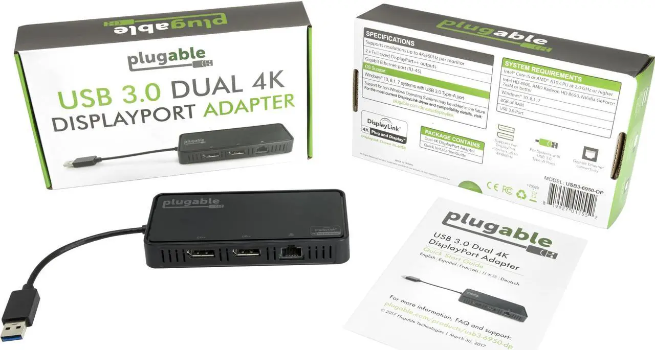 Alt view image 6 of 7 - Plugable DisplayLink 4K Dual Monitor Adapter with Ethernet - USB 3.0 to DisplayPort