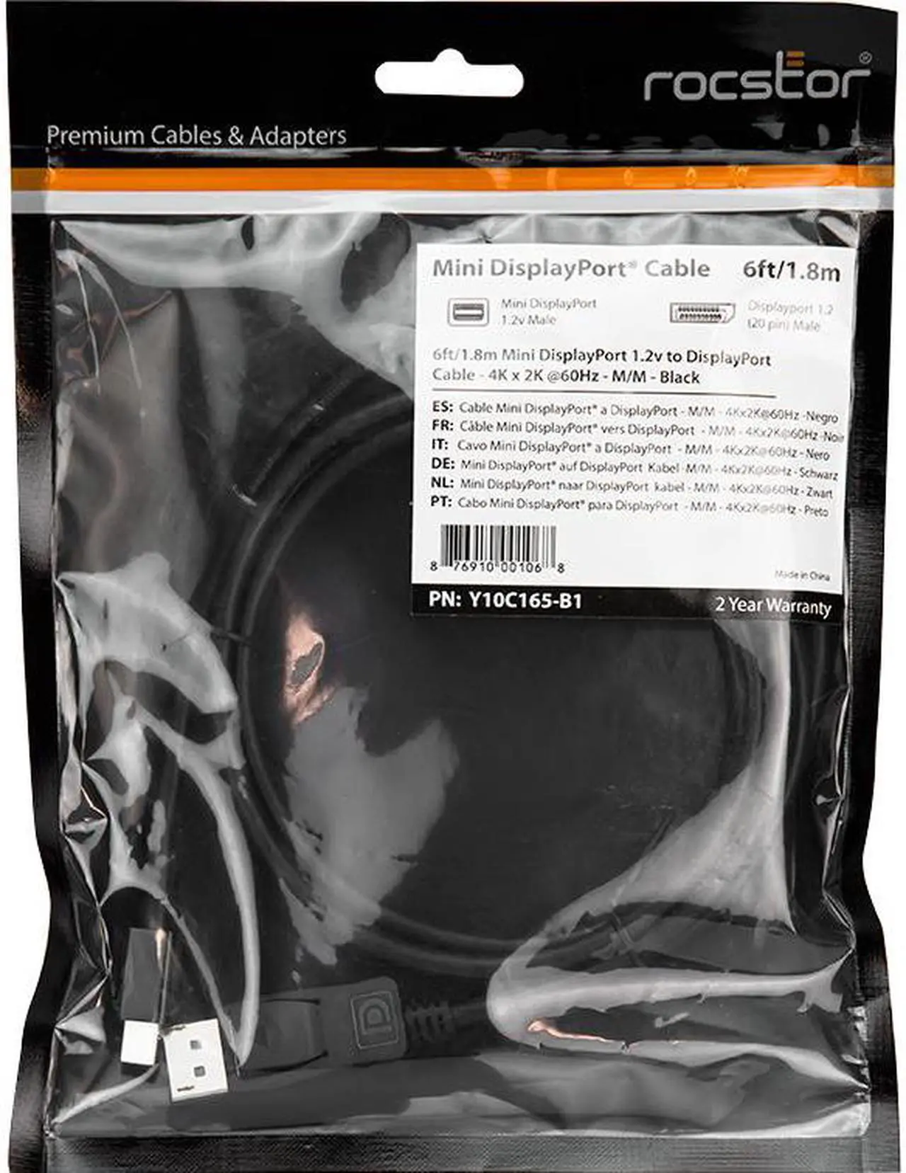 Alt view image 3 of 7 - Rocstor Y10C165-B1 6Ft Mini DisplayPort Male to DisplayPort 1.2 Male Cable M/M - Supports up to 4Kx2K@60Hz, (3860 x 2160) @ 60Hz - Gold Plated - Black