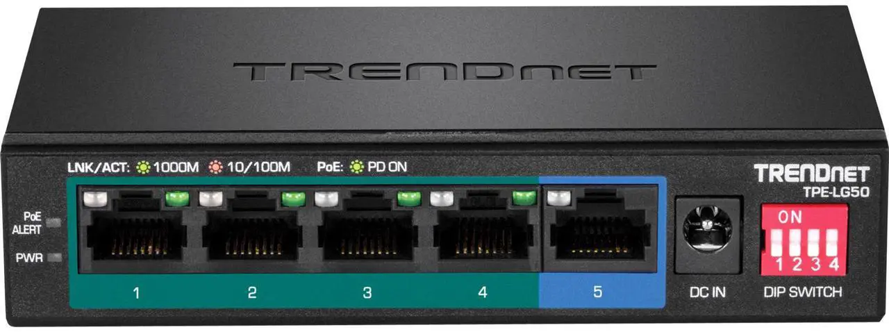 Alt view image 2 of 20 - TRENDnet 5-Port Gigabit Long Range PoE+ Switch, 4 x Gigabit PoE+ Ports, 1 x Gigabit Port, 32W PoE Budget, 10Gbps Switching Capacity, Extends PoE+ 200m (656 ft), Lifetime Protection, Black, TPE-LG50
