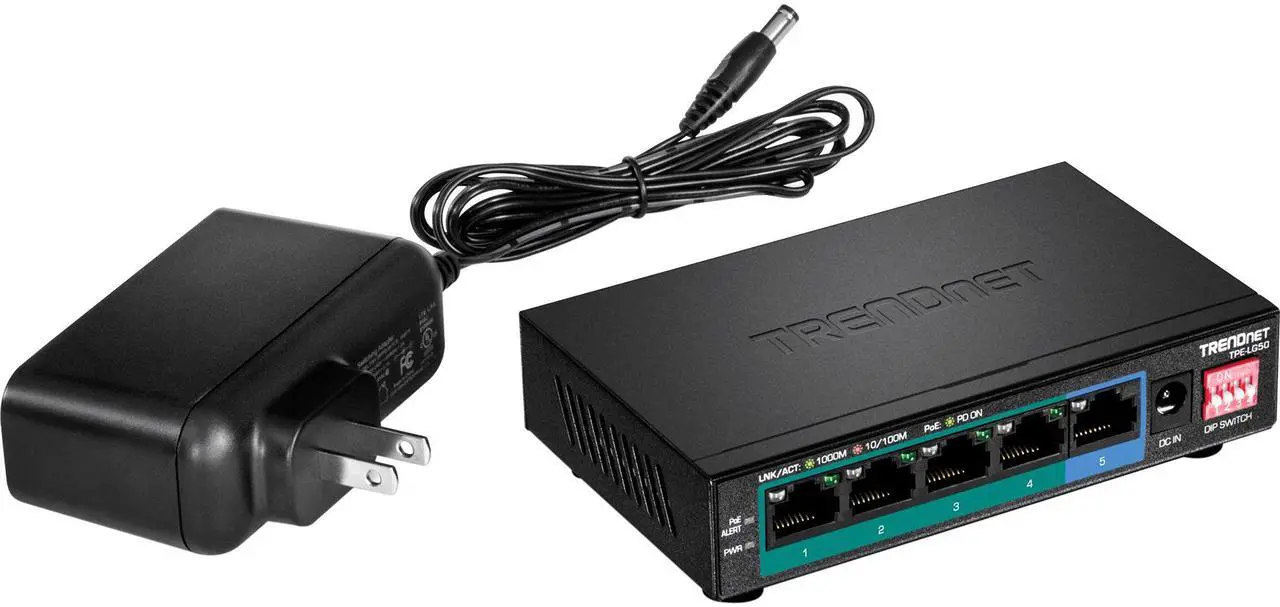 Main image of TRENDnet 5-Port Gigabit Long Range PoE+ Switch, 4 x Gigabit PoE+ Ports, 1 x Gigabit Port, 32W PoE Budget, 10Gbps Switching Capacity, Extends PoE+ 200m (656 ft), Lifetime Protection, Black, TPE-LG50
