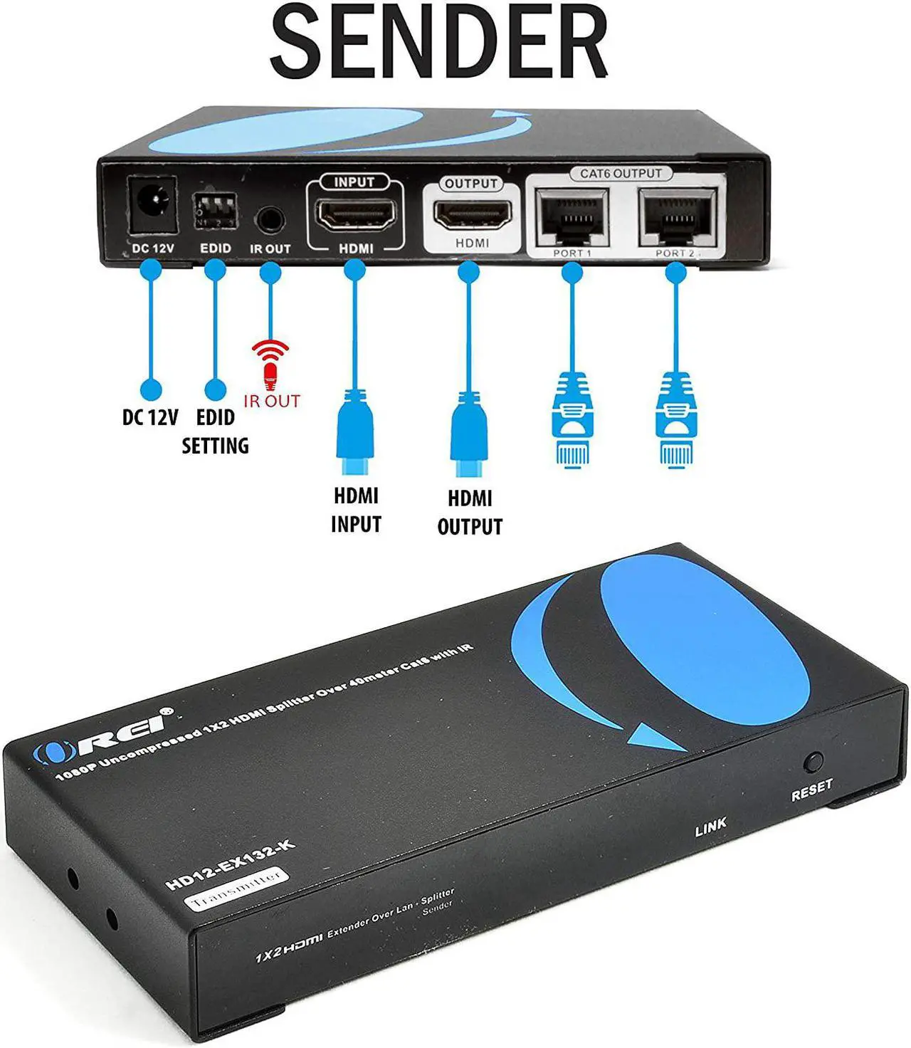 Alt view image 4 of 5 - OREI 1X2 HDMI Extender Splitter Over Single CAT6/7 Cable Uncompressed 1080P With IR Remote EDID - Up to 132 Ft - Loop Out - Low Latency - 1 Input 2 Output
