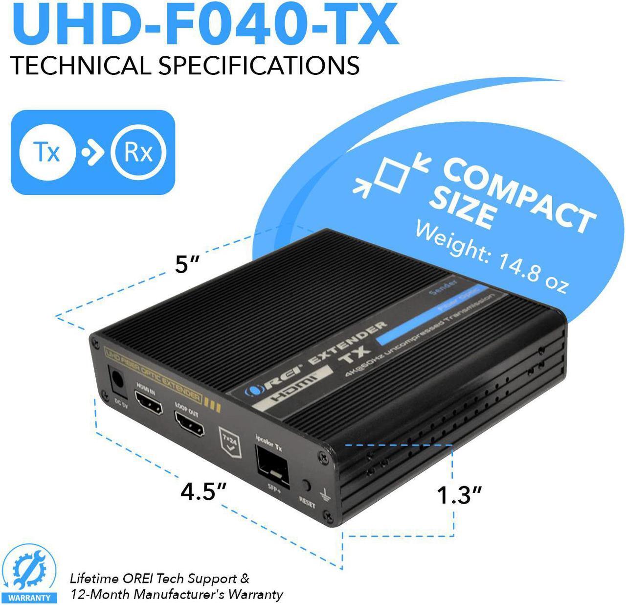 Alt view image 5 of 7 - 4K HDMI Extender Balun by OREI Transmitter Only Over Fiber Optic Cable UltraHD 4K @ 60Hz 4:4:4 DR, CEC, ARC & IR Support, RS-232 SFP+ LR - Up to 40 KM - ARC Audio Out One to Many Optical Audio Out