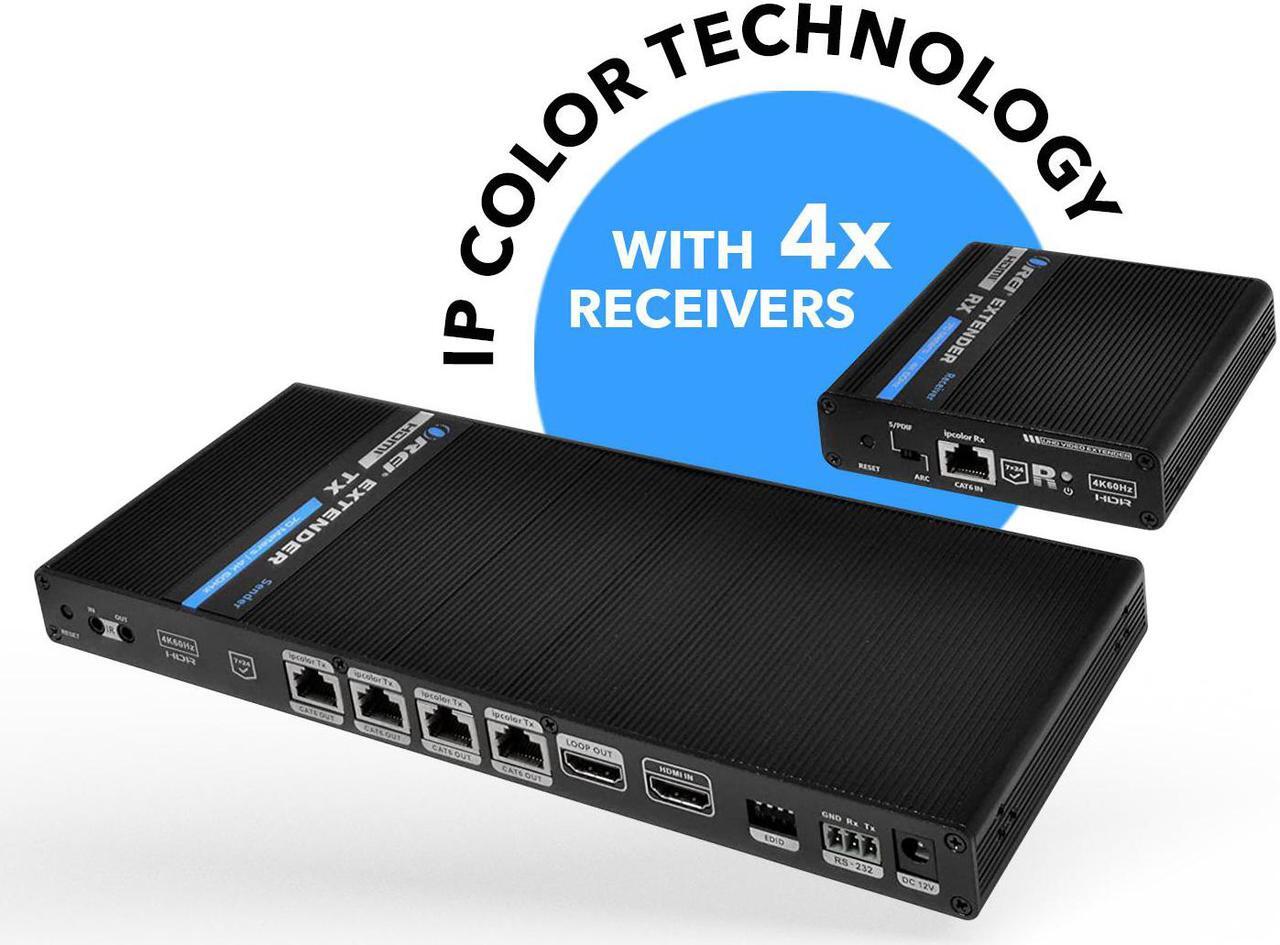 Alt view image 2 of 7 - 1x4 HDMI Extender Splitter 4K by OREI Multiple Over Single Cable CAT6/7 4K@60Hz 4:4:4 HDCP 2.2 with IR Remote EDID Management - Up to 230 Ft - Loop Out - Low Latency - Full Support IR RS-232 Control