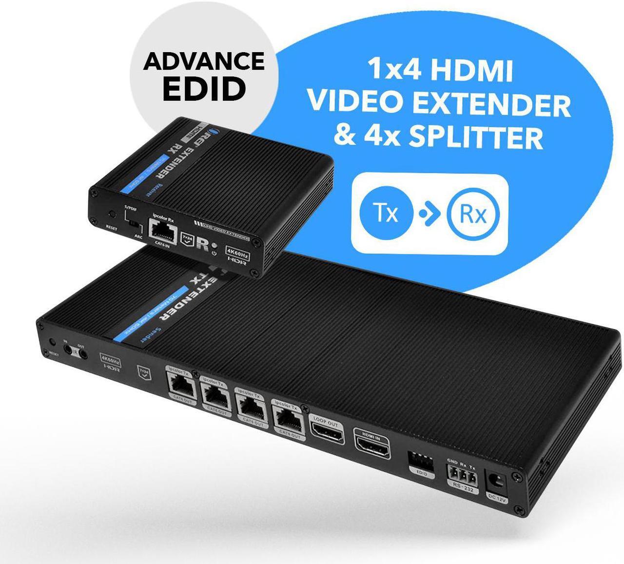 Alt view image 3 of 7 - 1x4 HDMI Extender Splitter 4K by OREI Multiple Over Single Cable CAT6/7 4K@60Hz 4:4:4 HDCP 2.2 with IR Remote EDID Management - Up to 230 Ft - Loop Out - Low Latency - Full Support IR RS-232 Control