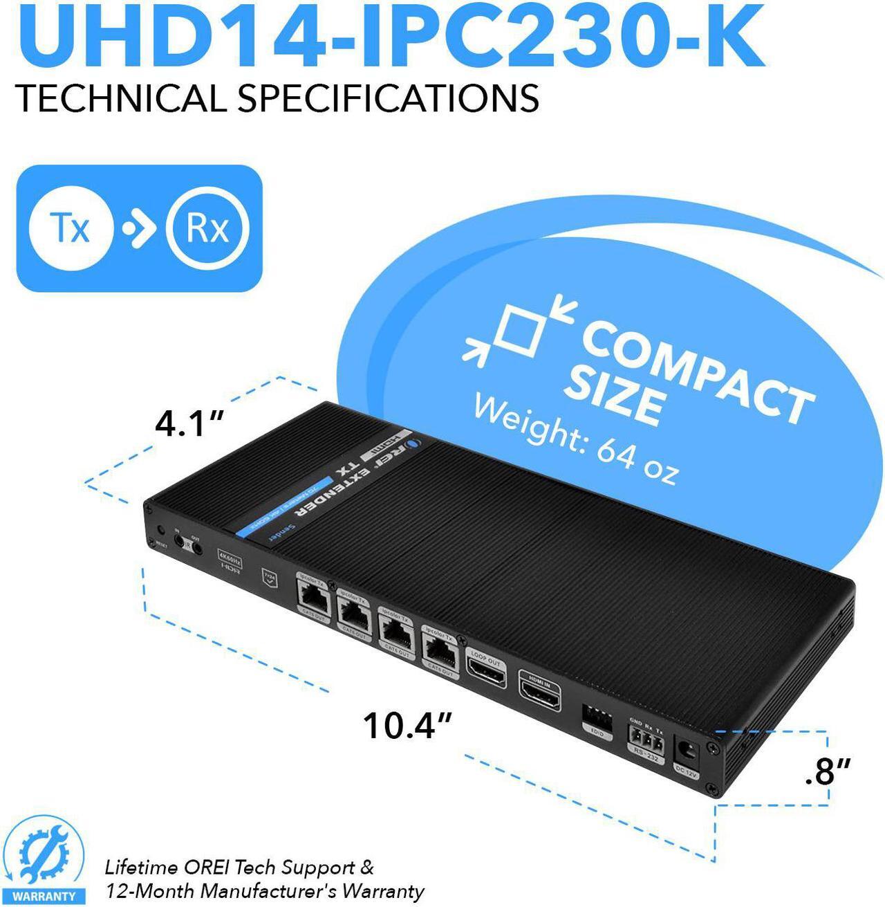 Alt view image 5 of 7 - 1x4 HDMI Extender Splitter 4K by OREI Multiple Over Single Cable CAT6/7 4K@60Hz 4:4:4 HDCP 2.2 with IR Remote EDID Management - Up to 230 Ft - Loop Out - Low Latency - Full Support IR RS-232 Control