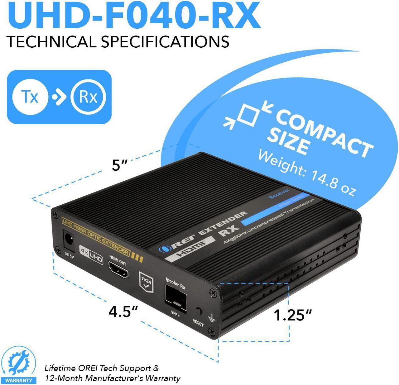 Alt view image 5 of 7 - 4K HDMI Extender Balun by OREI Receiver Only - Over Fiber Optic Cable UltraHD 4K @ 60Hz 4:4:4 DR, CEC, ARC & IR Support, RS-232 SFP+ LR - Up to 40 KM - Audio Out - One to Many - Optical Audio Out