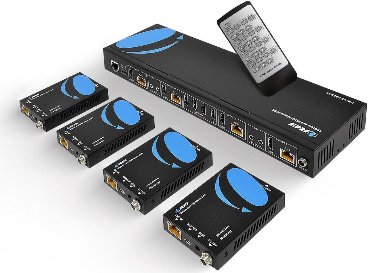 4K 4x4 HDMI Extender Matrix by OREI - UltraHD 4K @ 60Hz 4:4:4 Over Single CAT5e/6/7 Cable with HDR Switcher & IR Control, RS-232 - Up to 230 Ft - 1080P Downscale - 4 x Loop Out - 4 Receivers Included