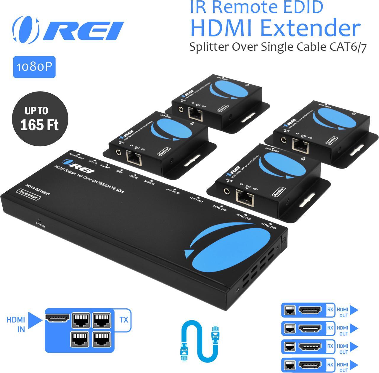 Alt view image 2 of 6 - orei 1x4 hdmi extender splitter multiple over single cable cat6/7 1080p with ir remote edid management  up to 165 ft  loop out  low latency  full support