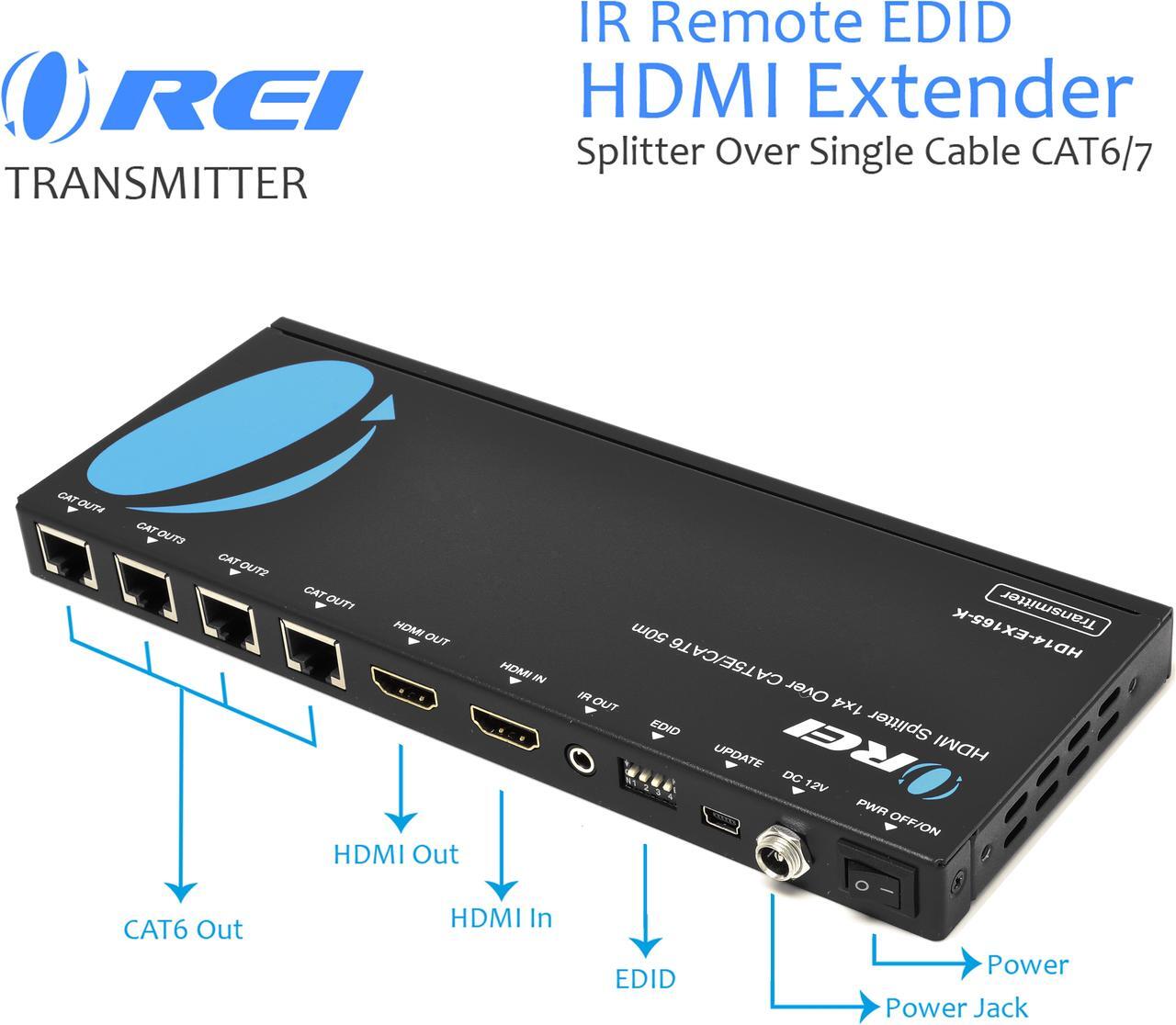 Alt view image 4 of 6 - orei 1x4 hdmi extender splitter multiple over single cable cat6/7 1080p with ir remote edid management  up to 165 ft  loop out  low latency  full support