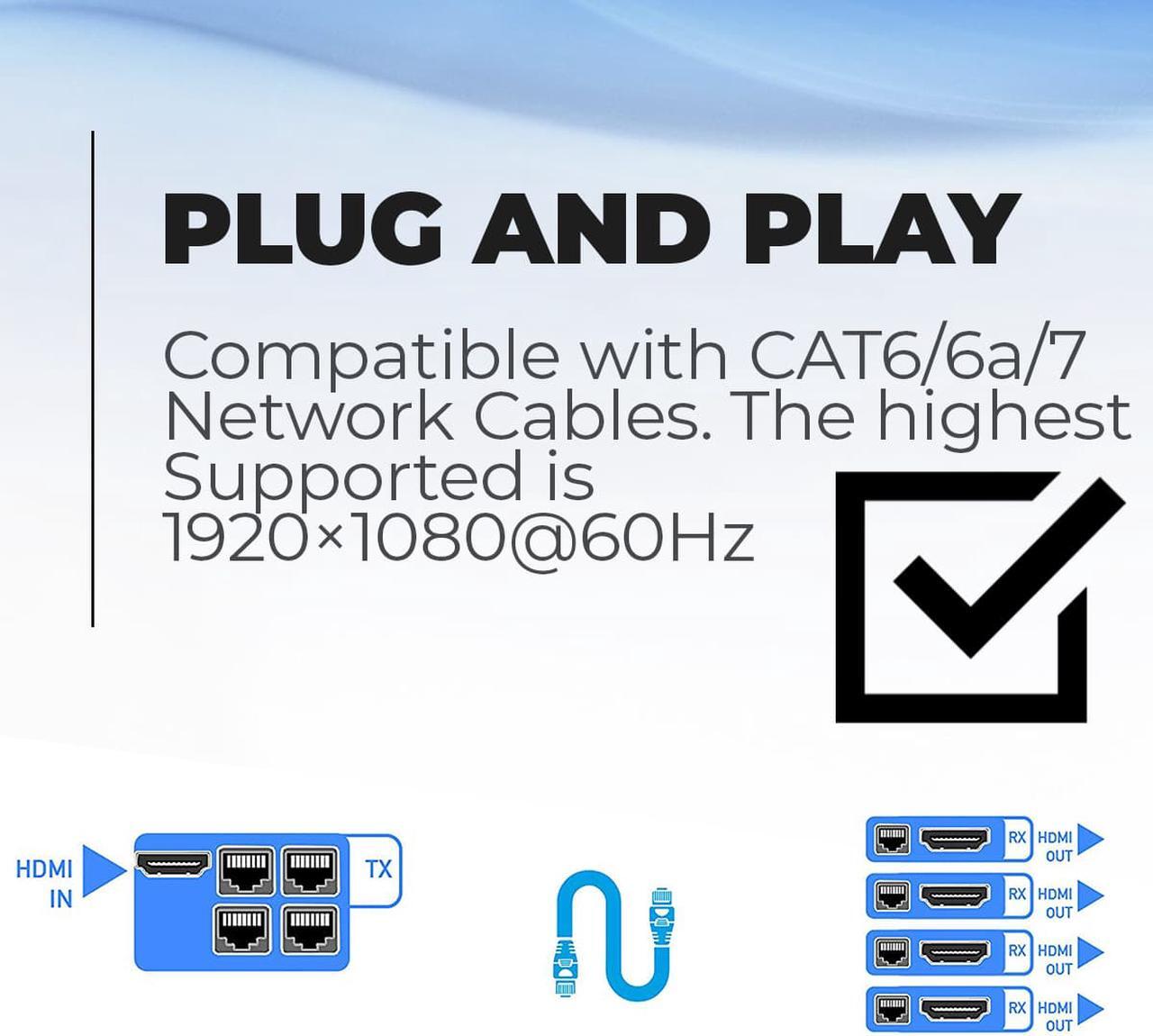 Alt view image 5 of 6 - orei 1x4 hdmi extender splitter multiple over single cable cat6/7 1080p with ir remote edid management  up to 165 ft  loop out  low latency  full support
