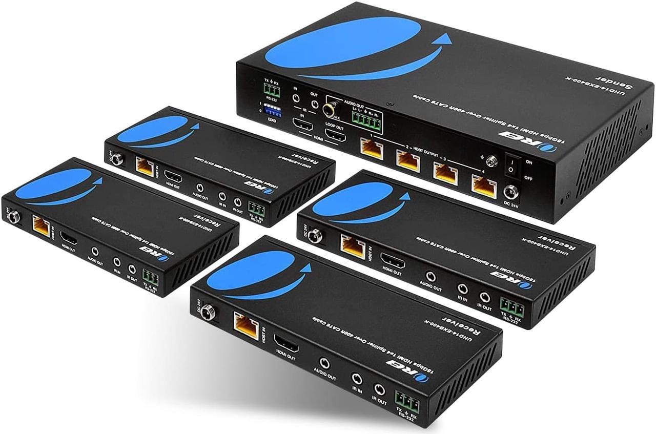 1x4 HDMI Extender Splitter HDBaseT 4K by OREI Multiple Over Single Cable CAT6/7 4K@60Hz 4:4:4 HDCP 2.2 With IR Remote EDID Management, HDR - Up to 400 Ft - Loop Out - Low Latency - Full Support