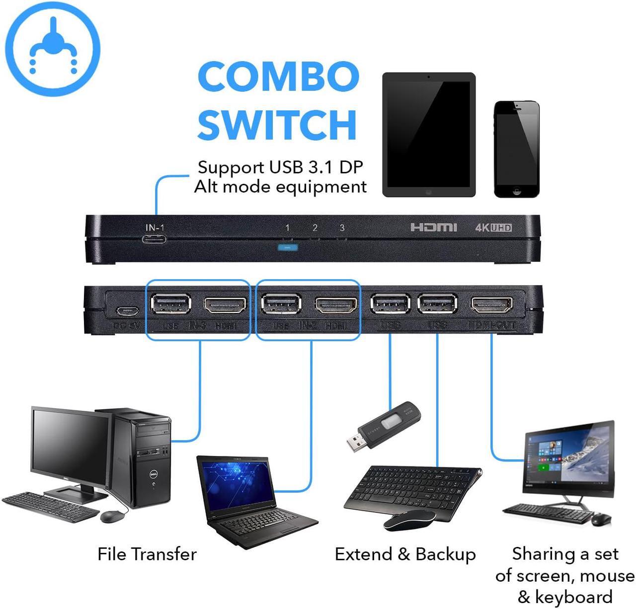 Alt view image 5 of 7 - 4K 3 Port 3x1 HDMI KVM Switch by OREI, Share Multiple Devices, PC, Computers, Phones, Gaming on One Display Monitor, Keyboard, Mouse and USB Peripheral Control - UltraHD HDCP 2.0