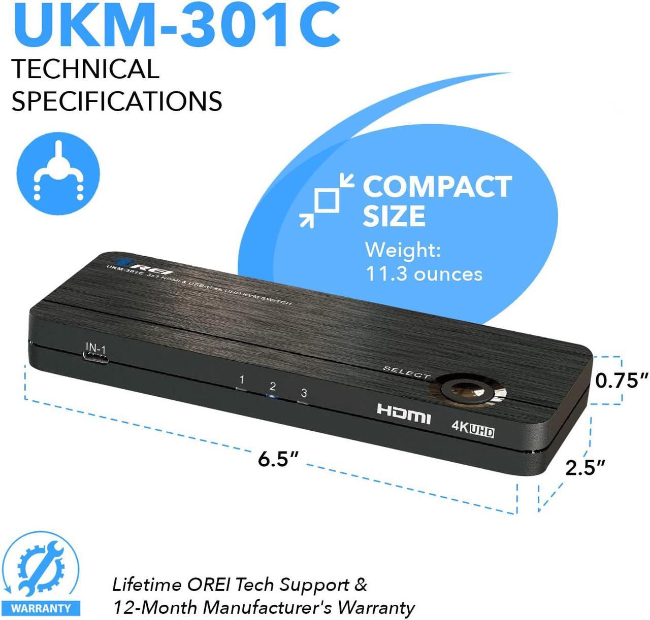 Alt view image 7 of 7 - 4K 3 Port 3x1 HDMI KVM Switch by OREI, Share Multiple Devices, PC, Computers, Phones, Gaming on One Display Monitor, Keyboard, Mouse and USB Peripheral Control - UltraHD HDCP 2.0