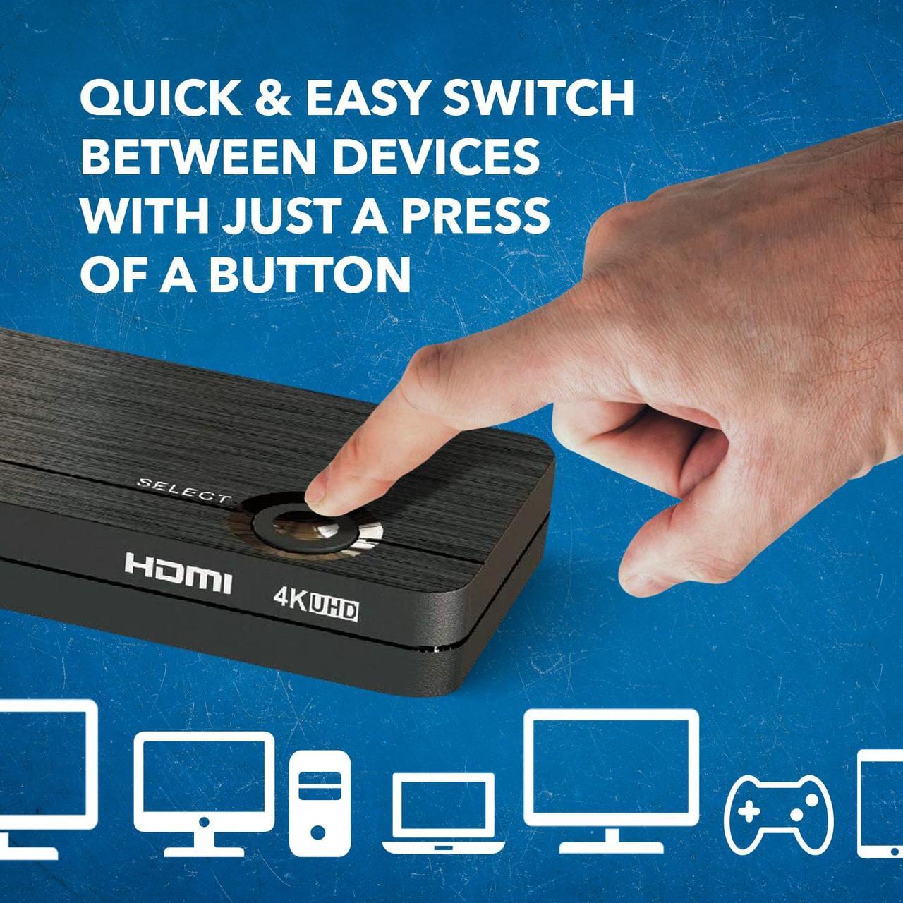 Alt view image 6 of 7 - 4K 3 Port 3x1 HDMI KVM Switch by OREI, Share Multiple Devices, PC, Computers, Phones, Gaming on One Display Monitor, Keyboard, Mouse and USB Peripheral Control - UltraHD HDCP 2.0