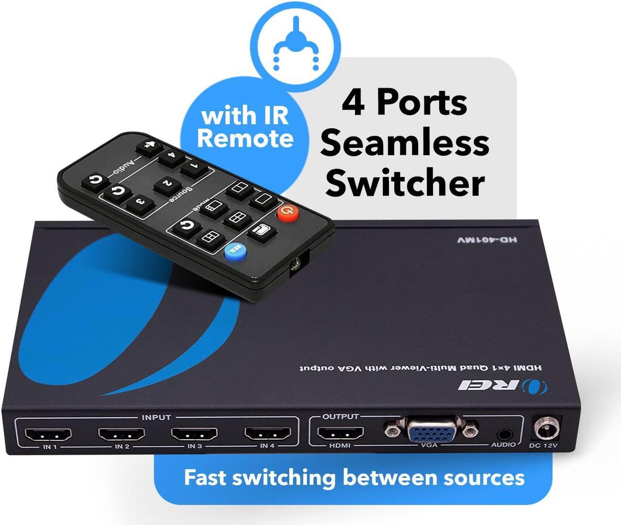 Alt view image 3 of 8 - Quad Multi HDMI Viewer 4 in 1 out by OREI HDMI Switcher 4 Ports Seamless Switcher and IR Remote Support 1080P for PS4/PC/DVD/Security Camera, HDMI Switch VGA Output - HD-401MV