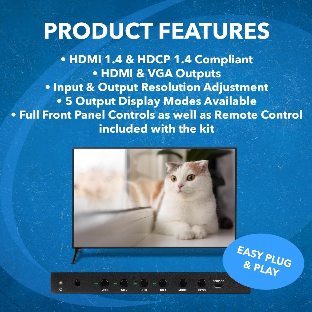 Alt view image 8 of 8 - Quad Multi HDMI Viewer 4 in 1 out by OREI HDMI Switcher 4 Ports Seamless Switcher and IR Remote Support 1080P for PS4/PC/DVD/Security Camera, HDMI Switch VGA Output - HD-401MV