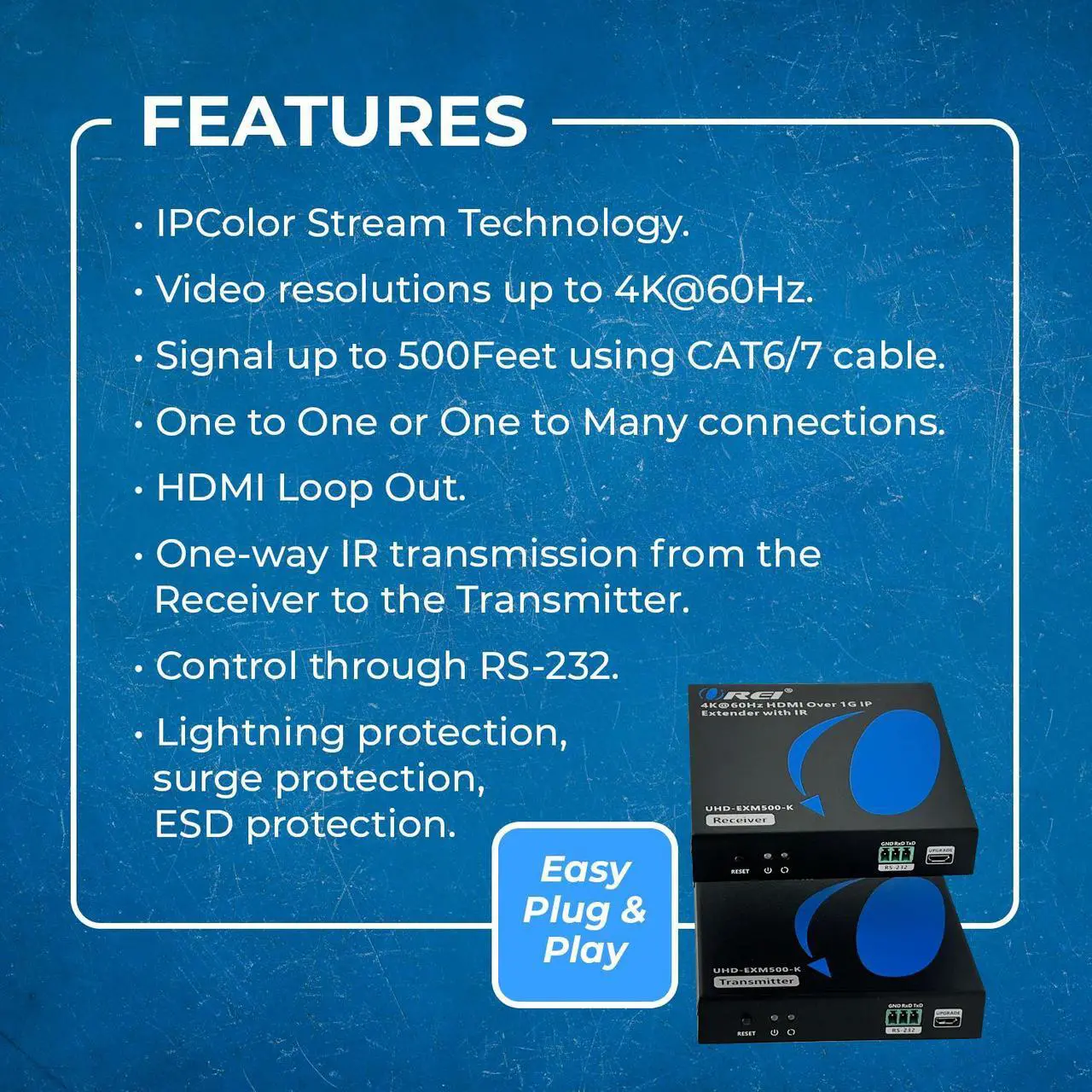 Alt view image 7 of 7 - 4K HDMI Extender Over Cat6/7 Cable Upto 500 Ft - - IR & RS-232 (UHD-EXM500-K)