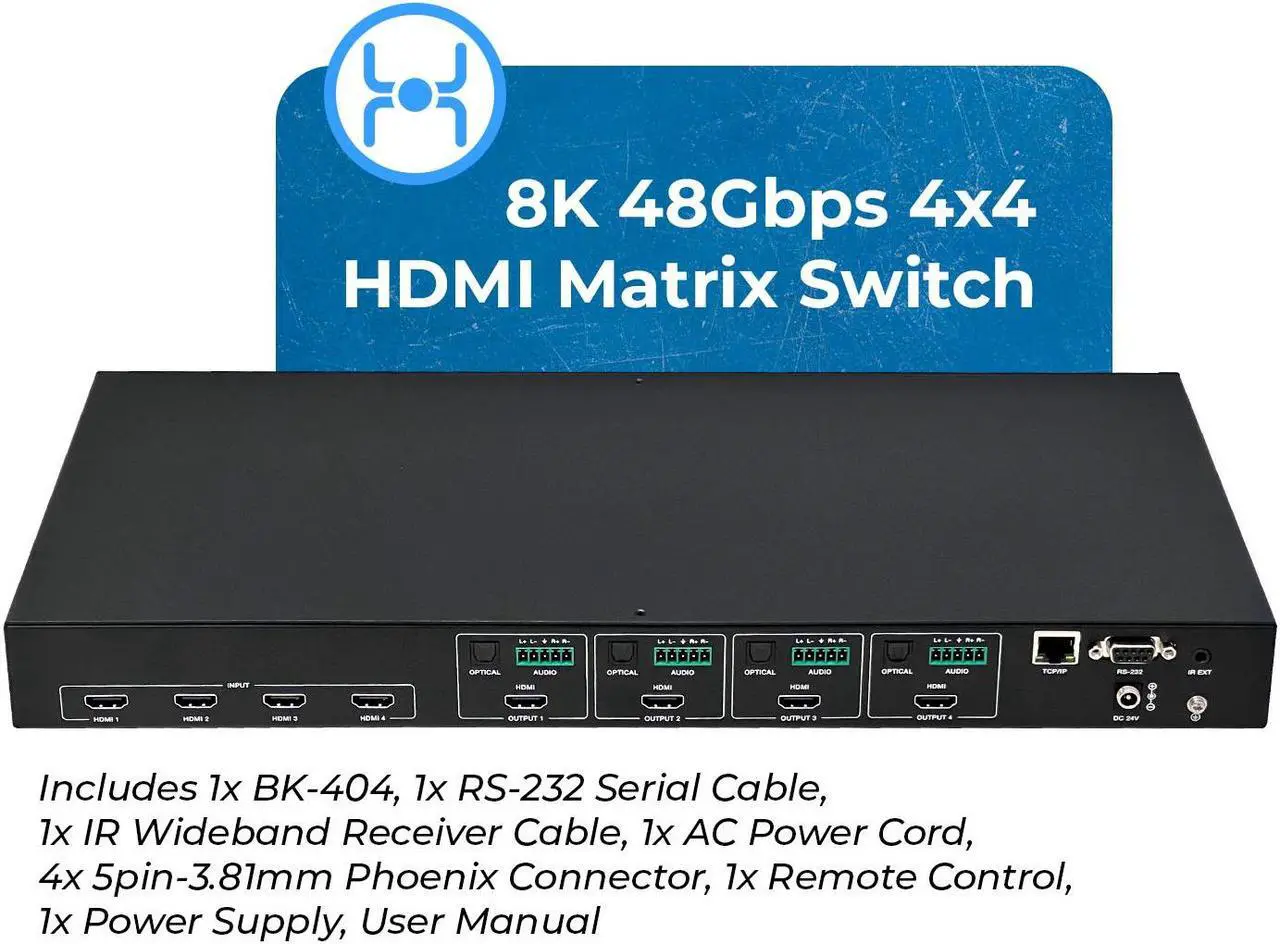 Alt view image 2 of 7 - OREI 8K 4x4 HDMI Matrix Switch, Switcher with Audio Extractor UltraHD Supports Upto 4K @ 120Hz IR EDID HDCP 2.3 - Remote Control (BK-404)