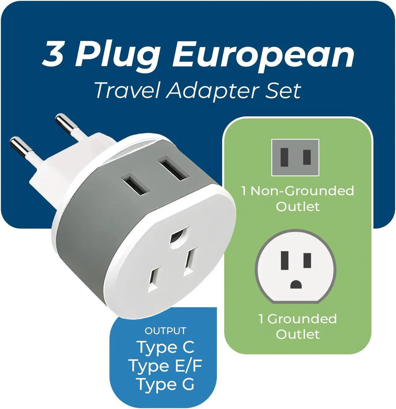 Alt view image 3 of 7 - OREI 3 Pack European Travel Adapter Set-Safe, Grounded, Compact for Travel (US-EURO-SET)