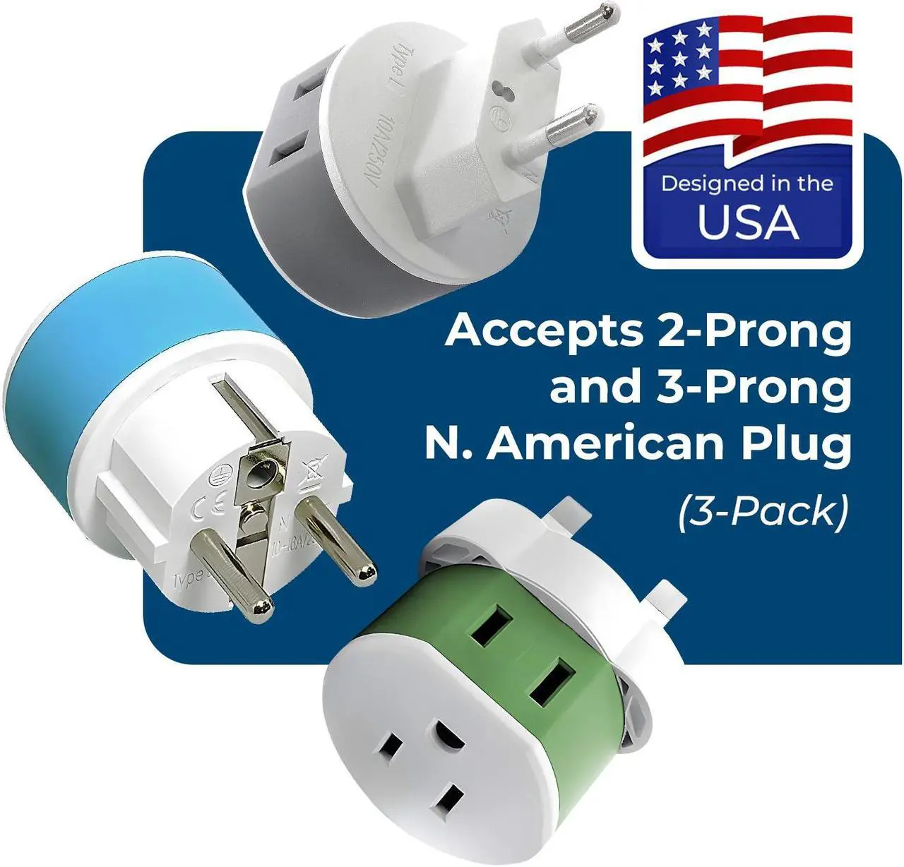 Alt view image 4 of 7 - OREI 3 Pack European Travel Adapter Set-Safe, Grounded, Compact for Travel (US-EURO-SET)