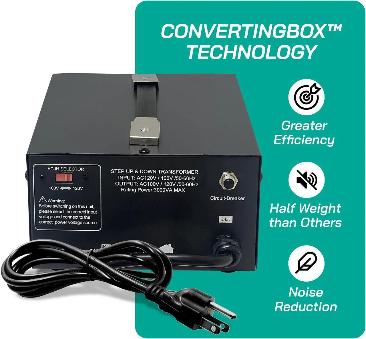 Alt view image 3 of 7 - Litefuze 3000W Japan Voltage Converter Transformer - Step Up/down 100v to 120v & 120v to 100v - With Circuit Breaker Protection (JP-3000)