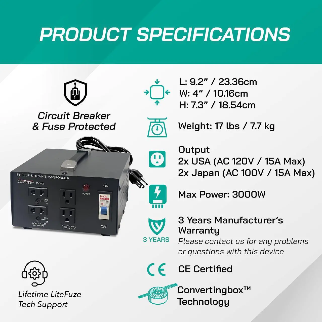 Alt view image 4 of 7 - Litefuze 3000W Japan Voltage Converter Transformer - Step Up/down 100v to 120v & 120v to 100v - With Circuit Breaker Protection (JP-3000)