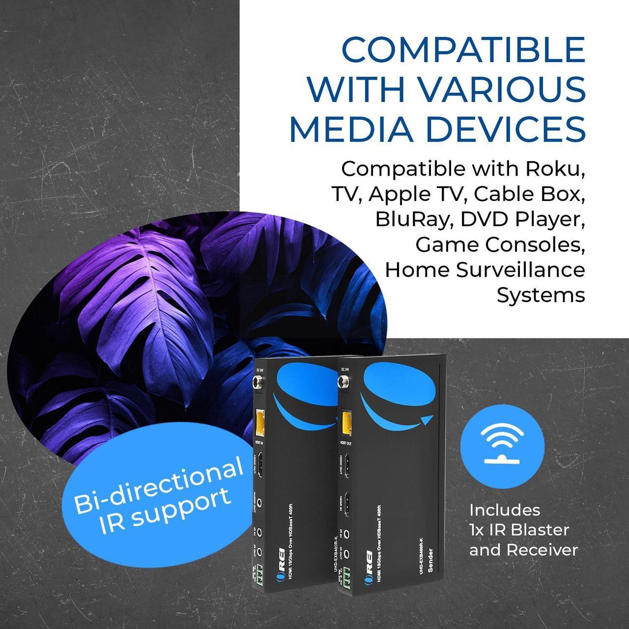 Alt view image 7 of 7 - 4K HDMI Extender Balun by OREI - HDBaseT UltraHD 4K @ 60Hz 4:4:4 Over Single CAT5e/6/7 Cable with HDR, CEC & IR Control, RS-232 - Up to 400 Ft - Loop Out - Power Over Cable - Audio Out (UHD-EXB400R-K)