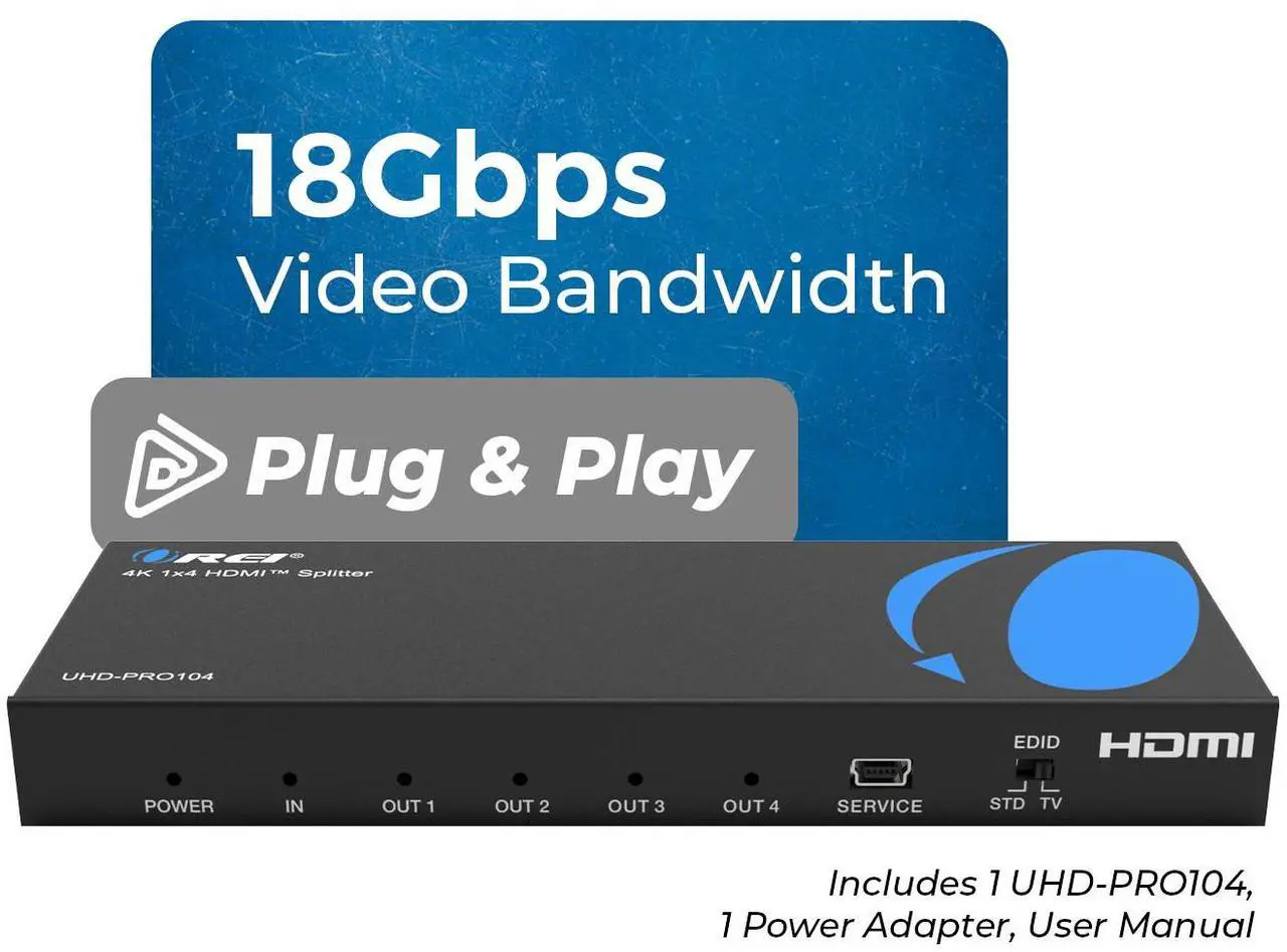 Alt view image 2 of 7 - 4K 1x4 HDMI Splitter Duplicater by OREI - With Down Scaler 4 Ports with Full Ultra HD, HDCP 2.2, Upto 4K at 60Hz, 1080p & 3D Supports EDID Control - UHD-PRO104