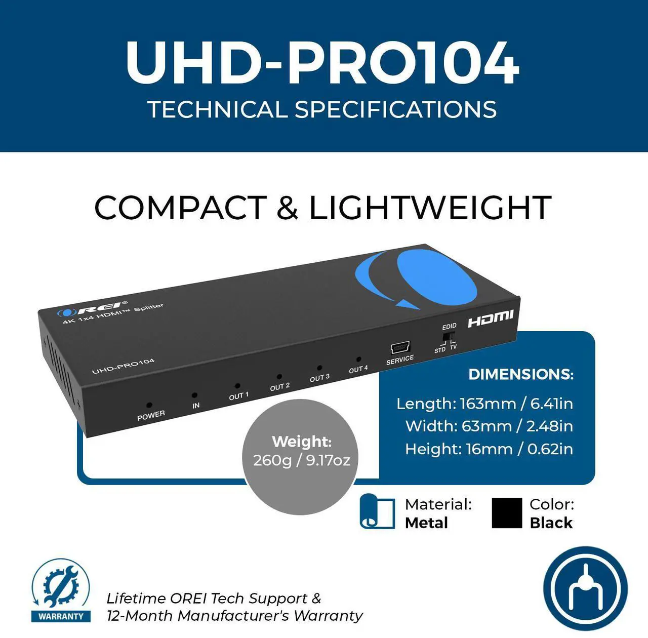 Alt view image 4 of 7 - 4K 1x4 HDMI Splitter Duplicater by OREI - With Down Scaler 4 Ports with Full Ultra HD, HDCP 2.2, Upto 4K at 60Hz, 1080p & 3D Supports EDID Control - UHD-PRO104