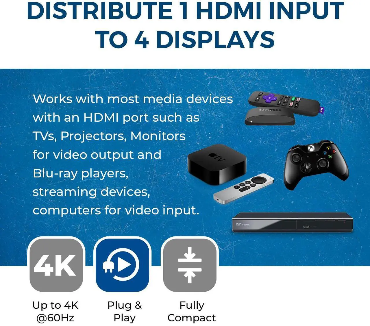 Alt view image 7 of 7 - 4K 1x4 HDMI Splitter Duplicater by OREI - With Down Scaler 4 Ports with Full Ultra HD, HDCP 2.2, Upto 4K at 60Hz, 1080p & 3D Supports EDID Control - UHD-PRO104