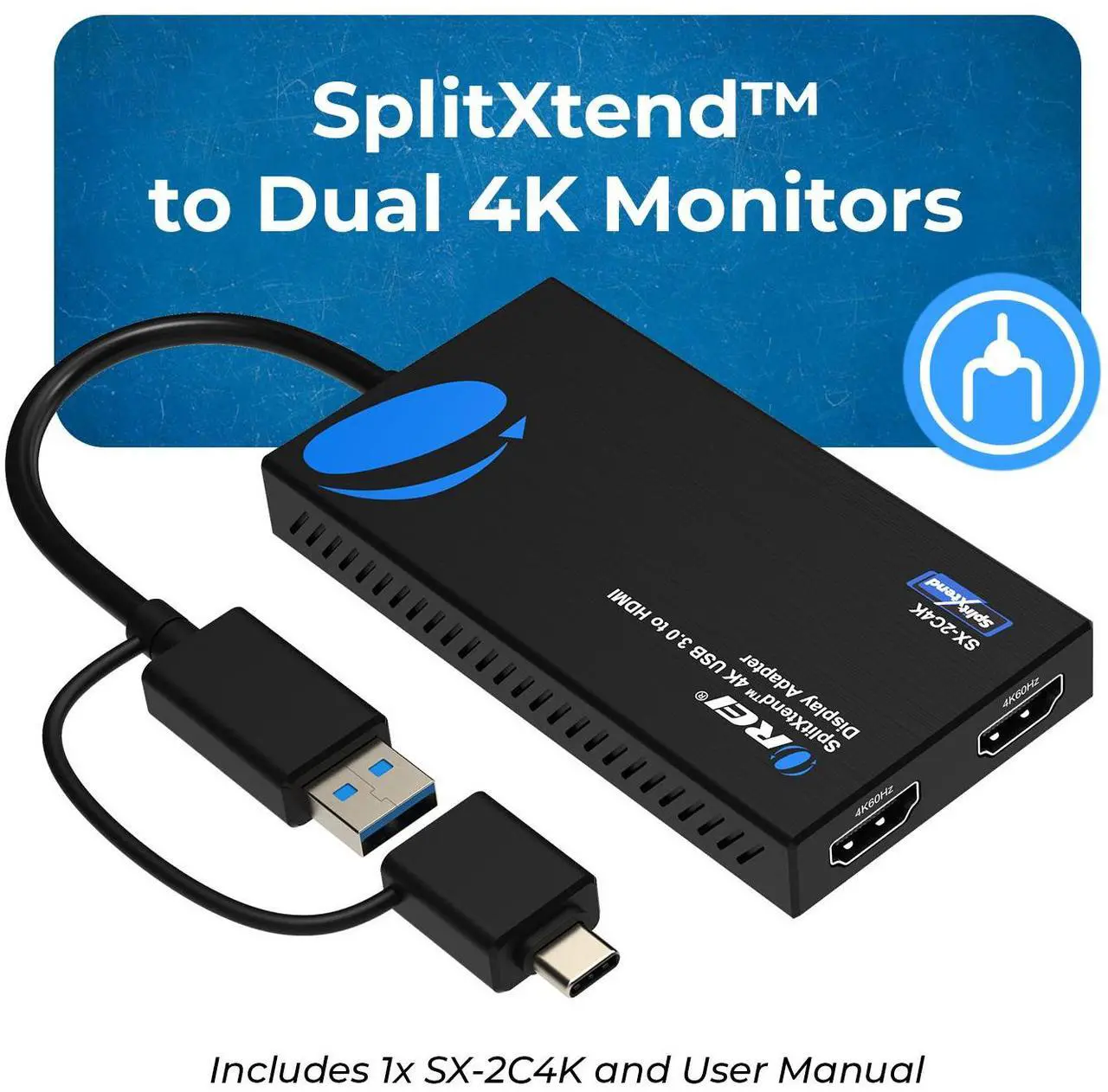 Alt view image 2 of 7 - OREI SplitXtend 4K USB 3.0 to HDMI Display Adapter - (SX-2C4K)