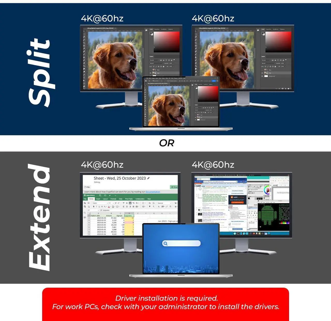 Alt view image 5 of 7 - OREI SplitXtend 4K USB 3.0 to HDMI Display Adapter - (SX-2C4K)