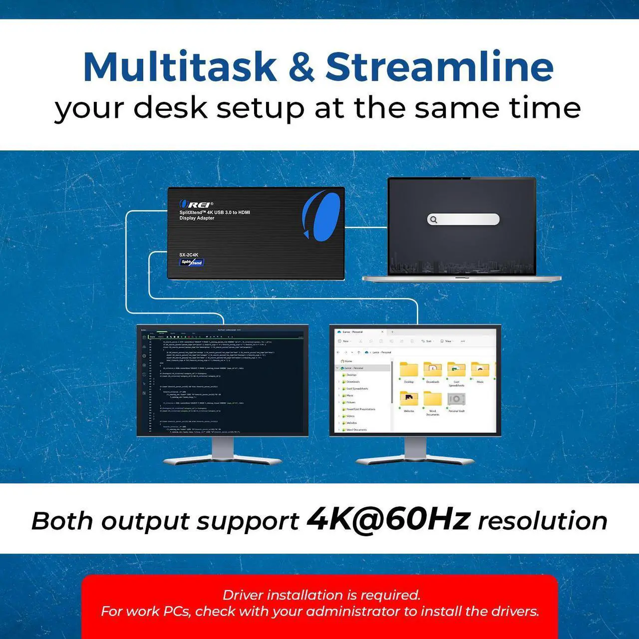 Alt view image 6 of 7 - OREI SplitXtend 4K USB 3.0 to HDMI Display Adapter - (SX-2C4K)