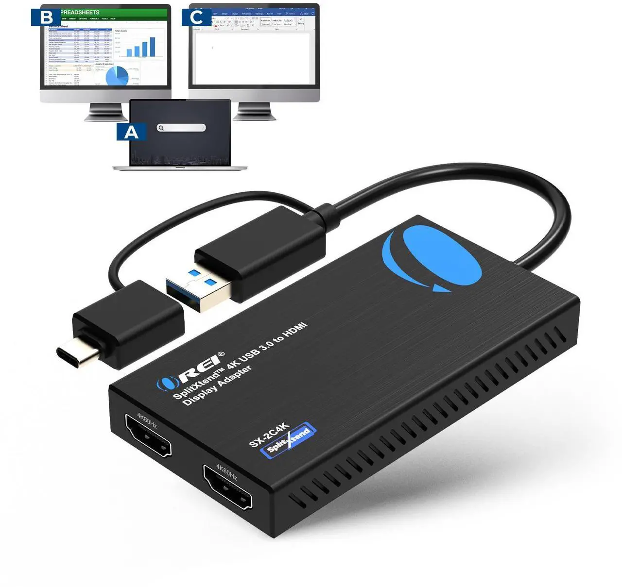 Main image of OREI SplitXtend 4K USB 3.0 to HDMI Display Adapter - (SX-2C4K)