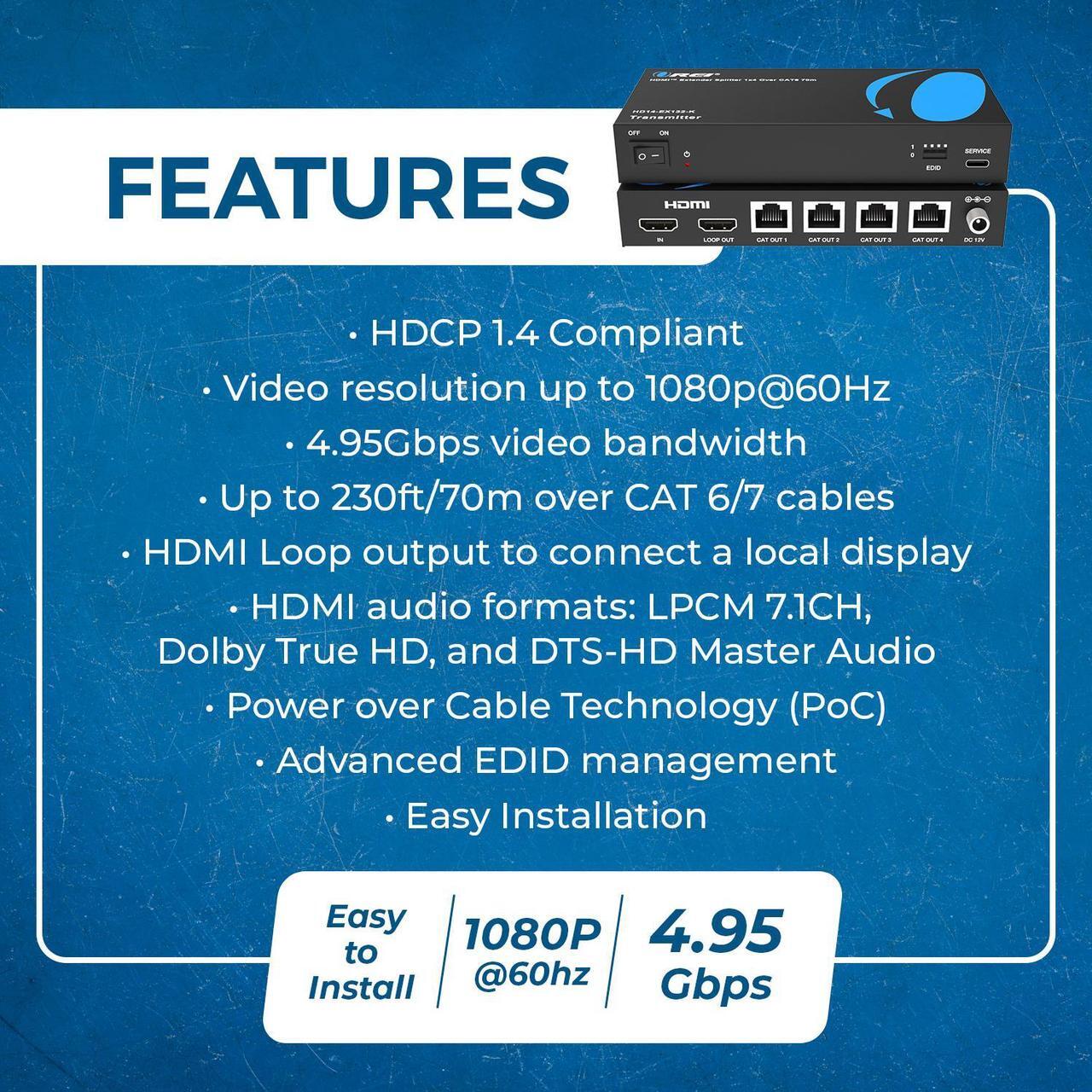 Alt view image 6 of 7 - OREI 1080p 1x4 HDMI Extender Splitter (Loop) - 230ft (cat6) (HD14-EX132-K)