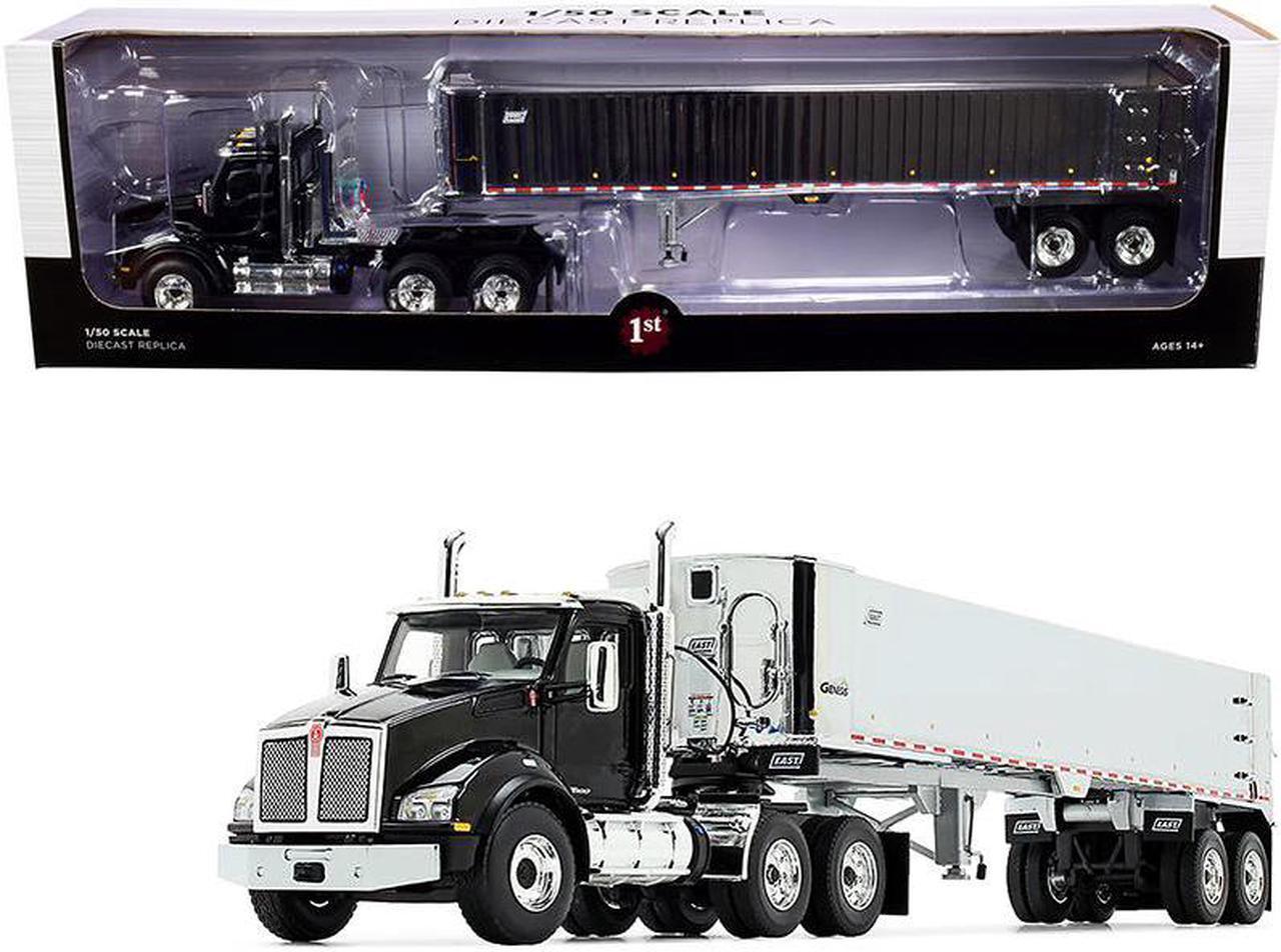Main image of Kenworth T880 Day Cab with East Genesis End Dump Trailer Black and Chrome 1/50 Diecast Model by First Gear