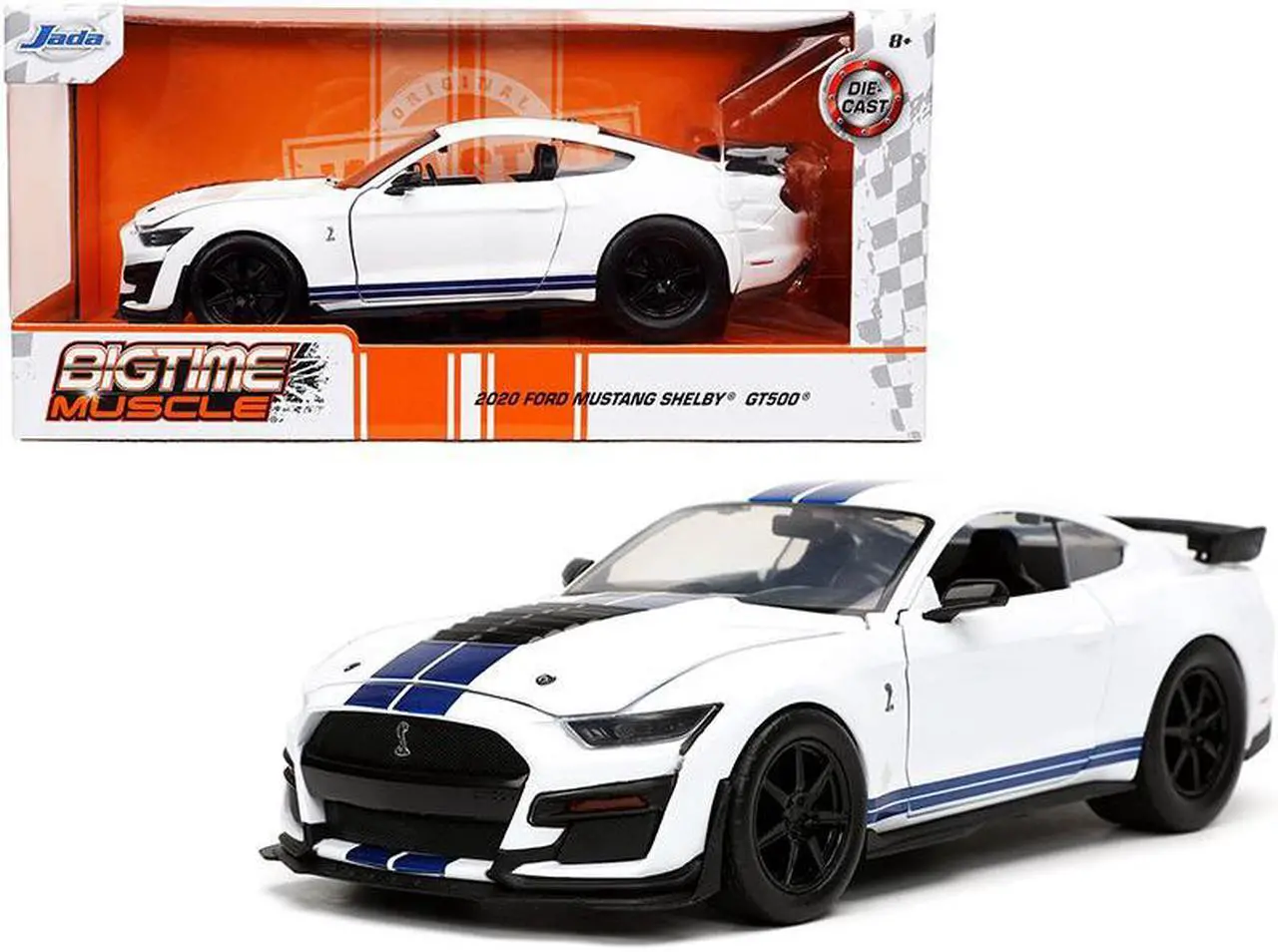 Alt view image 6 of 6 - 2020 Ford Mustang Shelby GT500 White with Blue Stripes "Bigtime Muscle" Series 1/24 Diecast Model Car by Jada