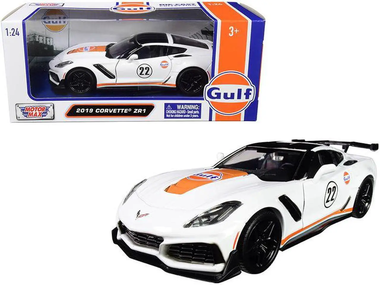 Alt view image 7 of 7 - Motormax 79657 2019 Chevrolet Corvette ZR1 No.22 Gulf Oil Stripes Top 1 by 24 Diecast Model Car - White, Orange & Black