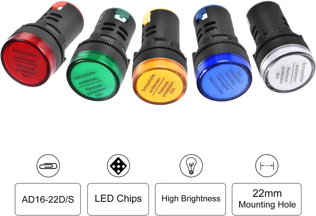 Alt view image 5 of 7 - AC/DC 110V Indicator Lights, 22mm Mounting Hole, LED Dust Cover IP54, for Electrical HVAC Control Panel Switch Cabinet, Red Green Yellow Blue White - 5 Colors, Pack of 5