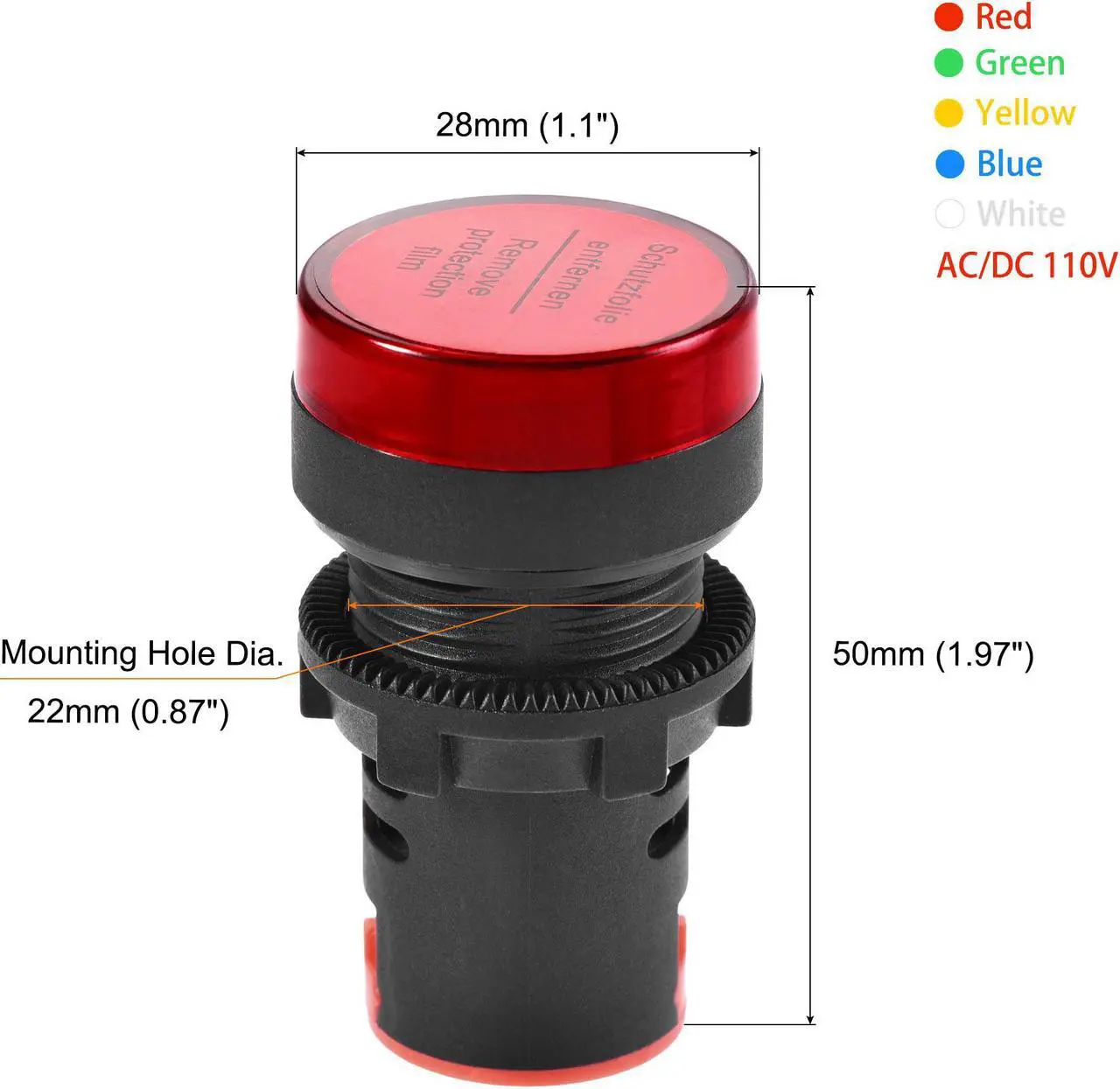 Alt view image 2 of 7 - AC/DC 110V Indicator Lights, 22mm Mounting Hole, LED Dust Cover IP54, for Electrical HVAC Control Panel Switch Cabinet, Red Green Yellow Blue White - 5 Colors, Pack of 5
