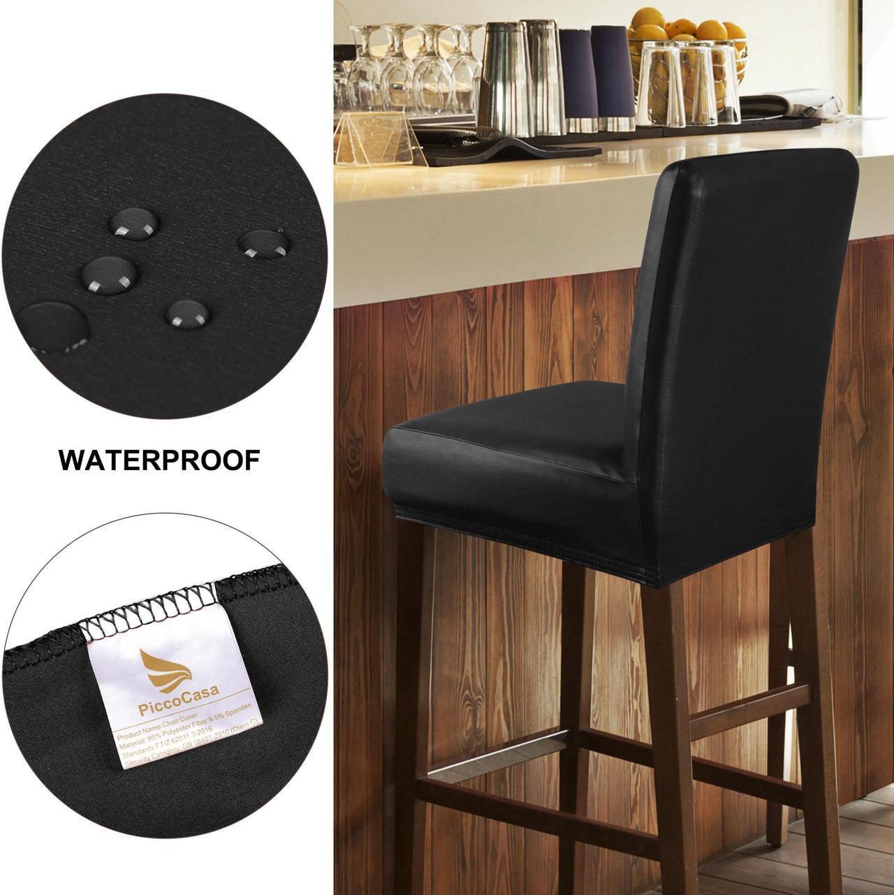 Alt view image 4 of 7 - Waterproof Bar Stool Cover, Pub Counter Chairs Stretch Covers Faux Leather Oilproof Protectors with Elastic Band for Hotel Cafe Banquet Short Back Stool Black 1Pcs